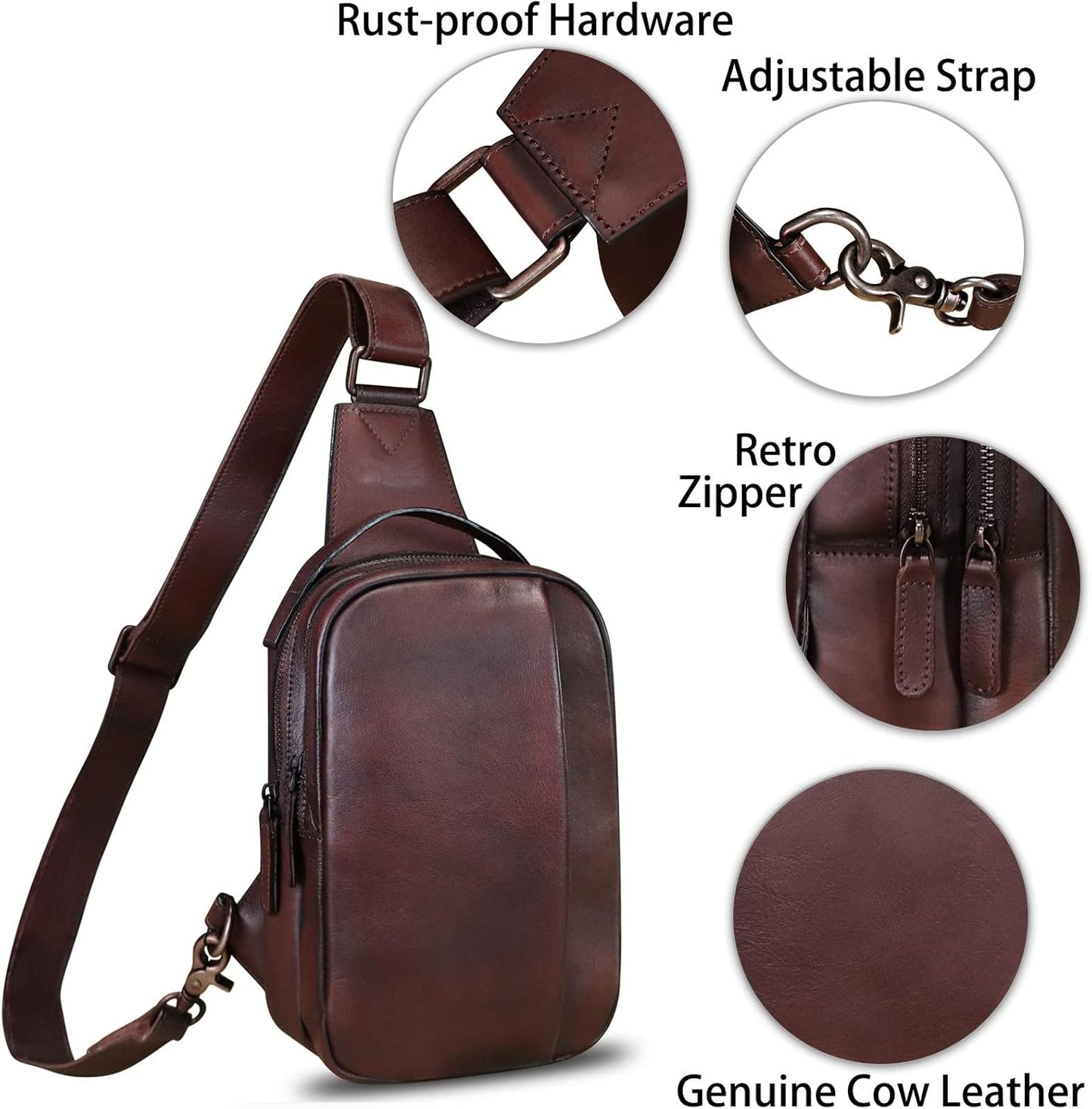 Genuine Leather Sling Bag Crossbody Purse Retro Handmade Hiking Daypack Motorcycle Shoulder Backpack Vintage Chest Bags (Coffee)
