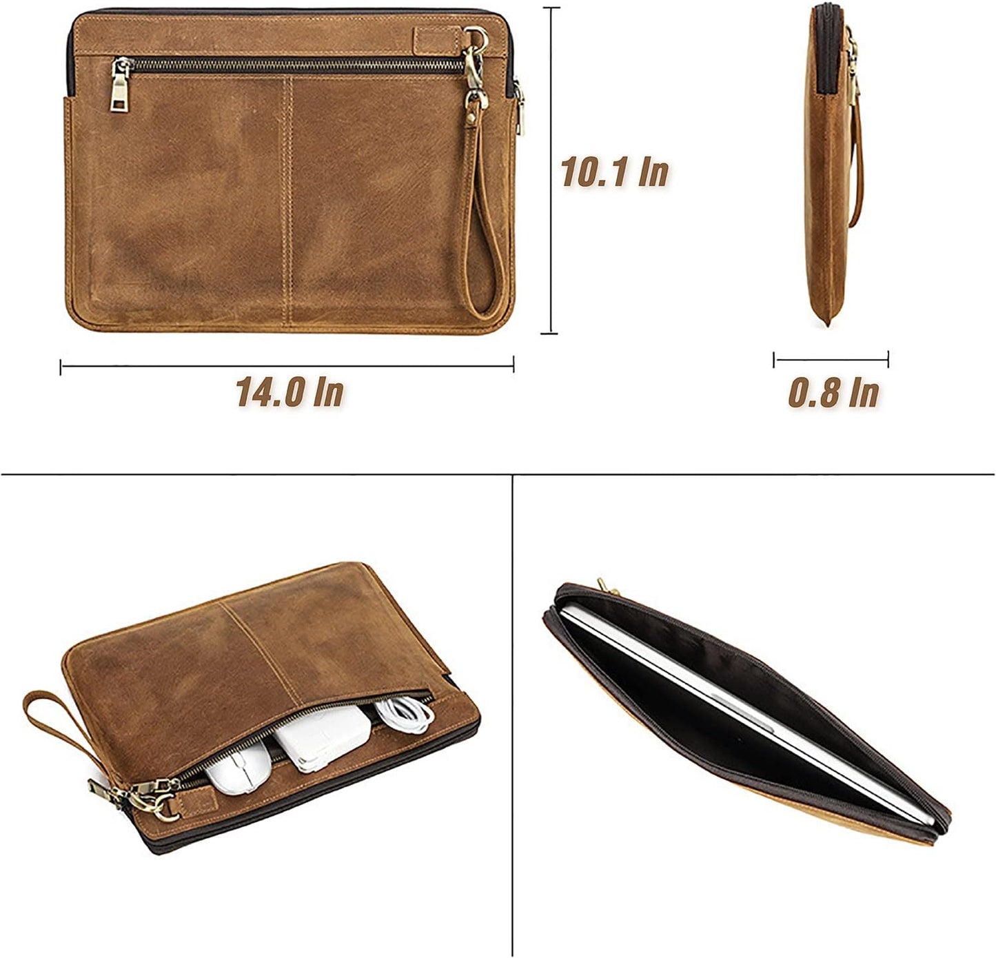 Top Grain Leather 14.2" Slim Laptop Sleeve Case Bag, Vintage Design with 2 Zip Pockets, Handmade
