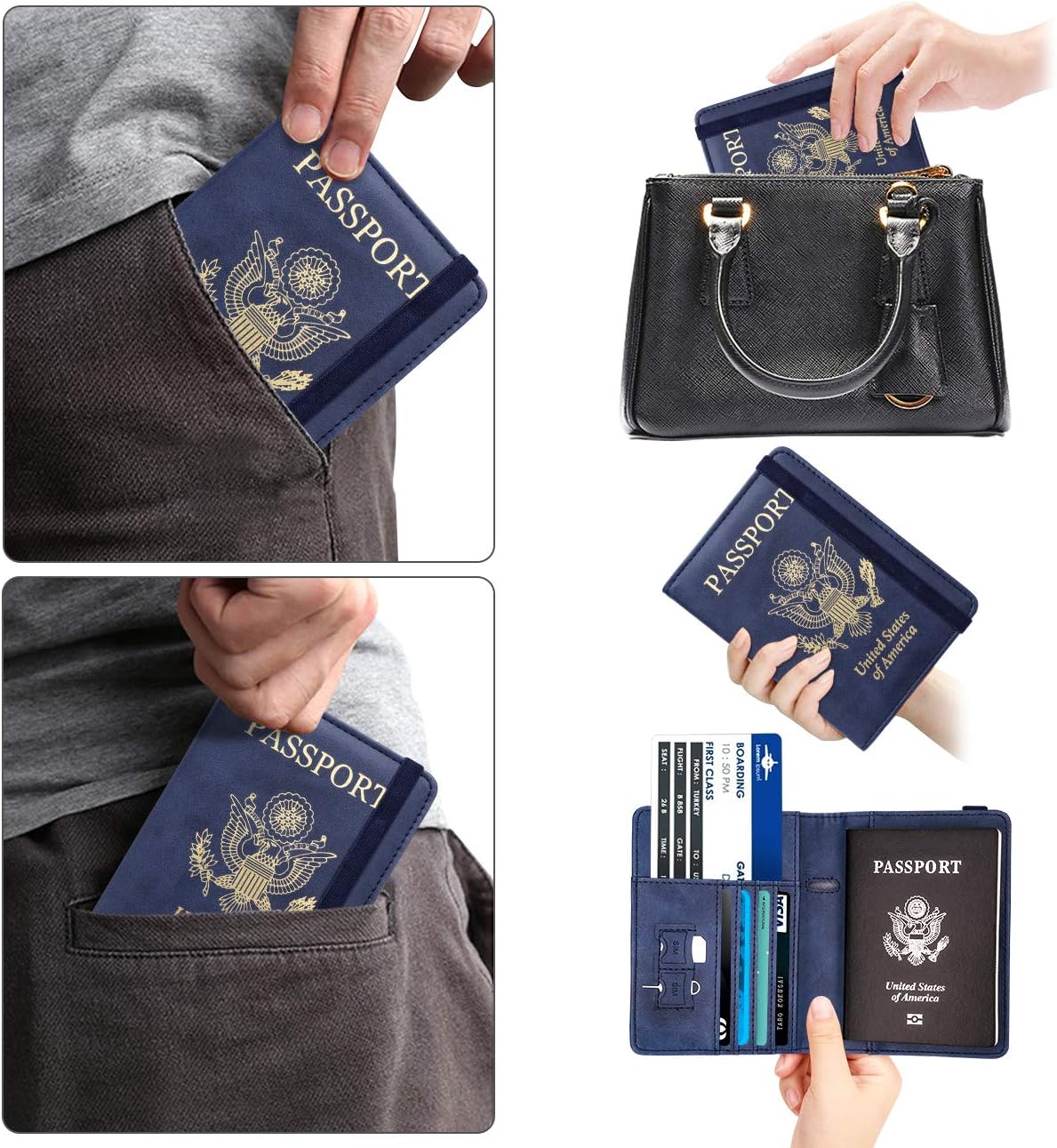 WALNEW Passport Holder for Travel, RFID Passport Cover Wallet for Women Men, PU Leather Passport Book Card Holder Case with Pen, Travelling Essentials for Flying