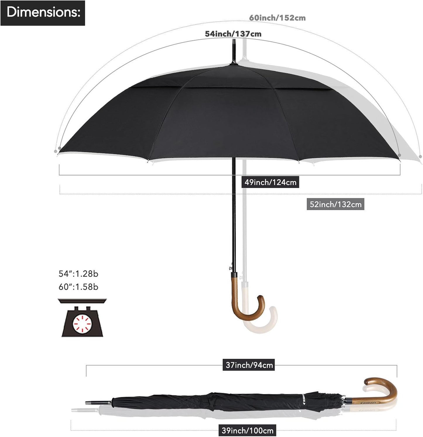 ZEKAR 54 inch Wooden J Handle Golf Umbrella, Classic Double Canopy Windproof Large Auto Open Rain Stick Umbrellas (54inch-black)