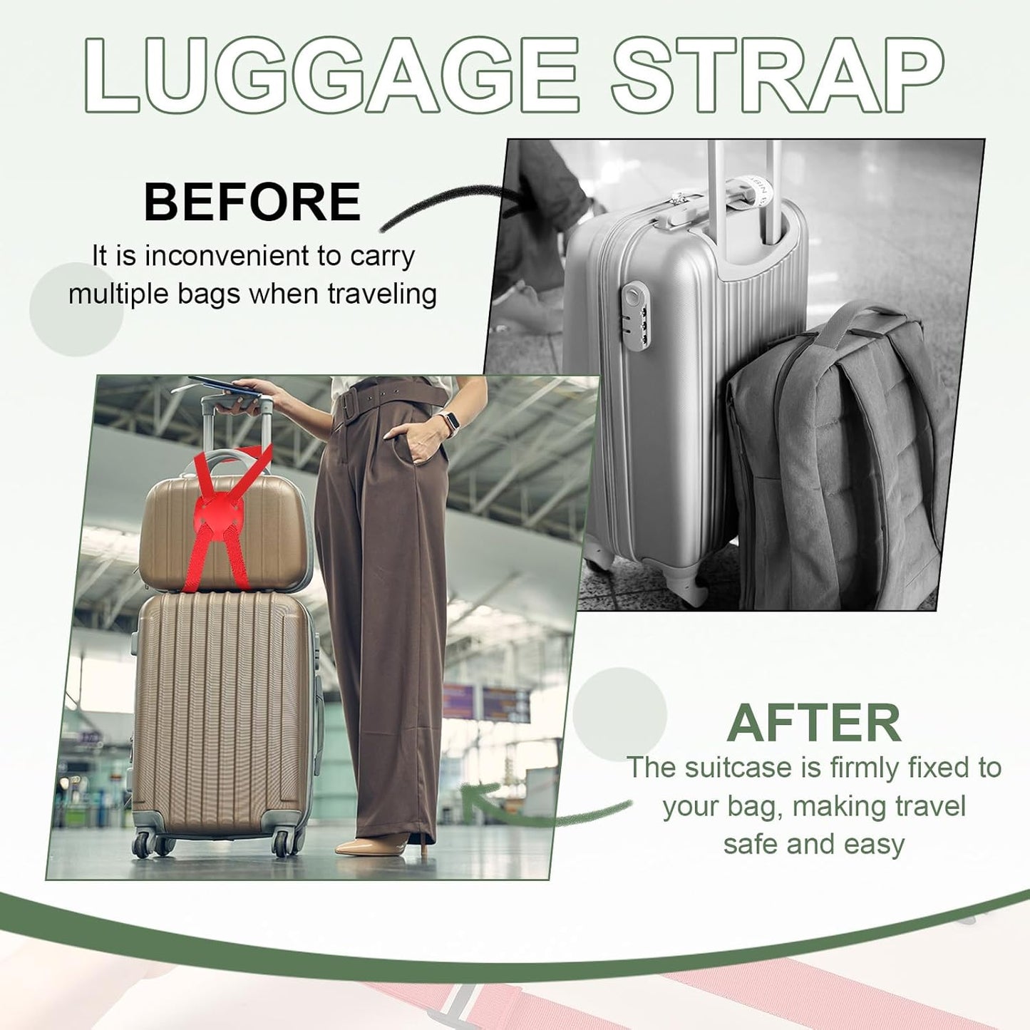 Adjustable Luggage Straps, Suitcase Elastic Strap Bag Bungee with Buckles Travel Accessories