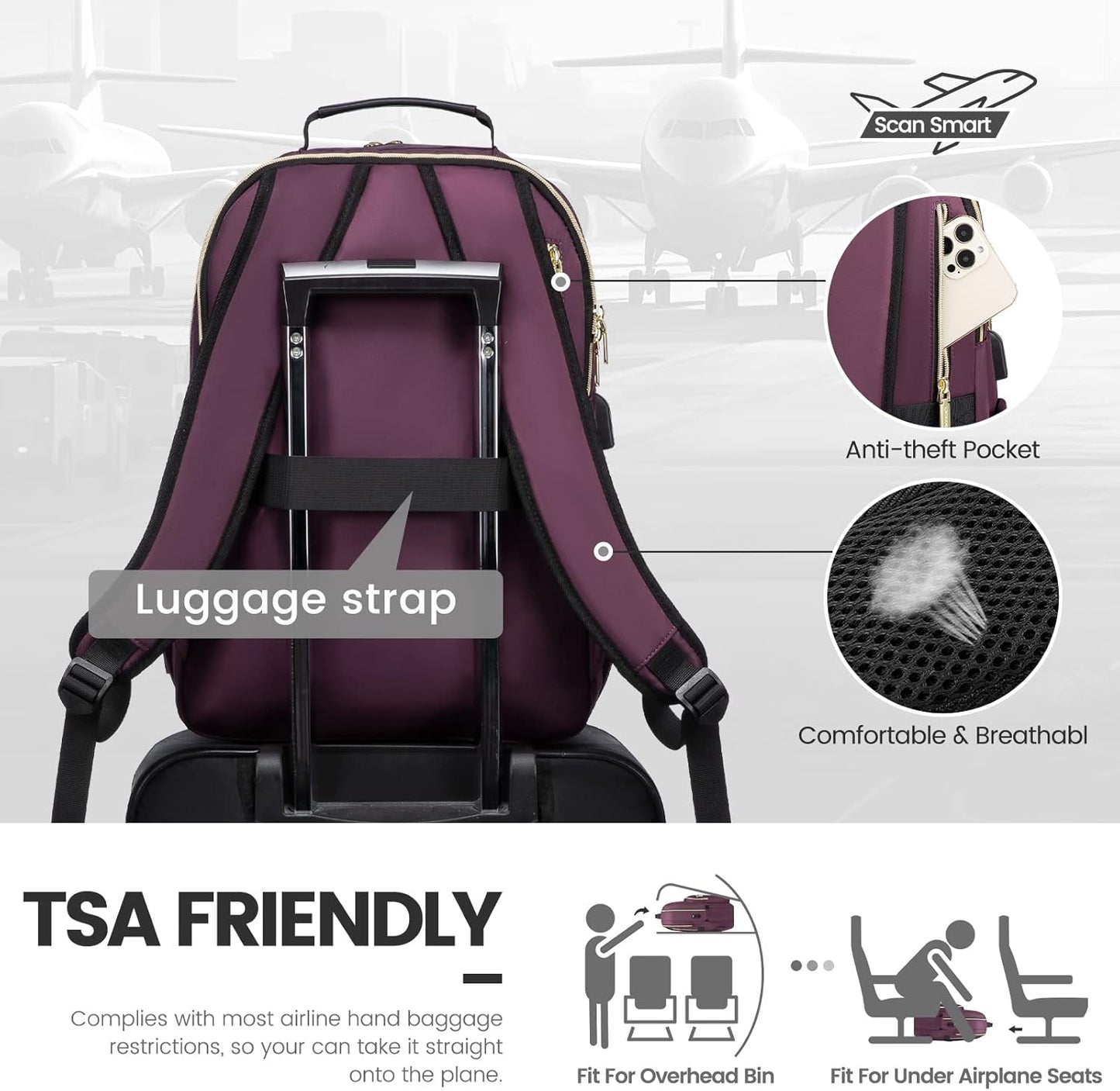 LOVEVOOK Laptop Backpack for Women 15.6 inch,Cute Womens Travel Backpack Purse,Professional Laptop Computer Bag,Waterproof Work Business College Teacher Bag Carry on Backpack with USB Port,Deep Purple