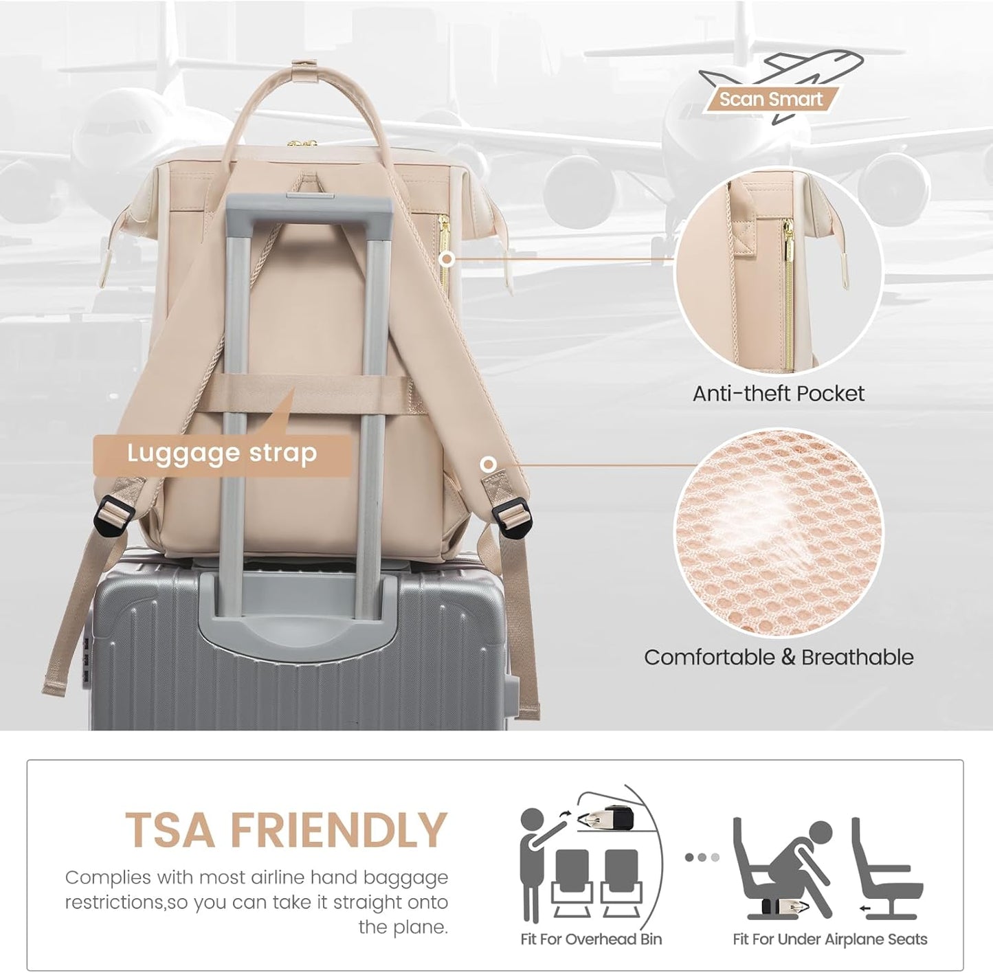 LOVEVOOK Leather Backpack for Women, 17 inch Laptop Backpack, Professional Work & Travel Bag, Beige-Flesh Beige