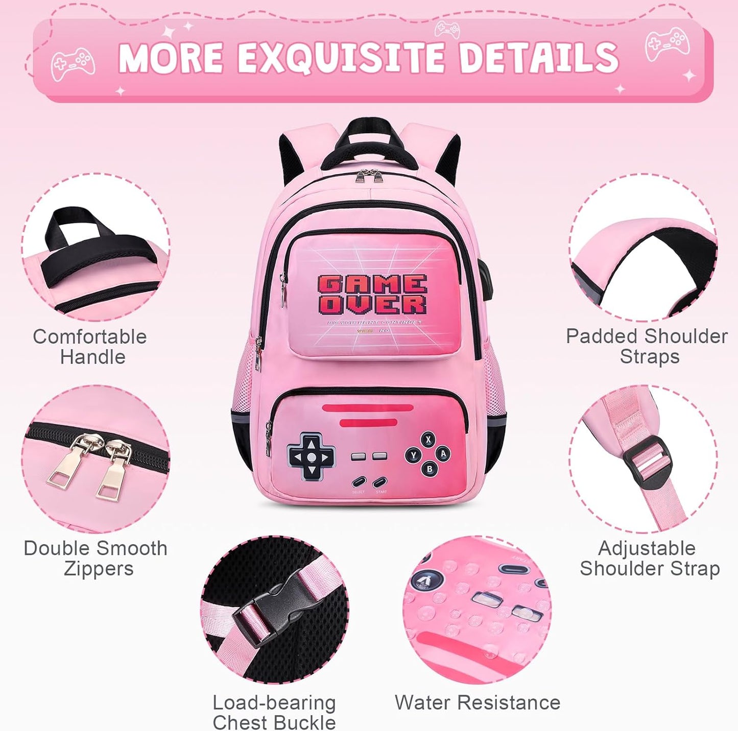 Gamer Backpack for Girls - Cool Luminous School Backpacks for Girl with Lunch Bag Pencil Case - Kids Girls Backpack Elementary Middle School Book Bags for Teen with USB Charging Port (Pink
