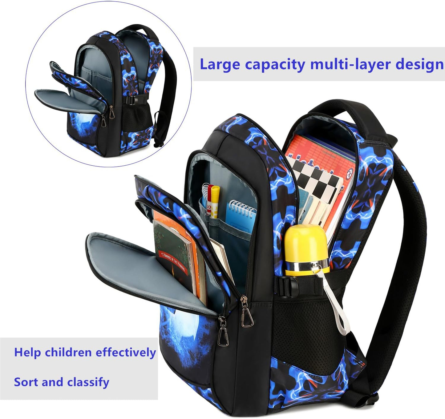 Boys Backpack Kids Bookbag Durable Elementary Middle School Bags Soccer 18in (X-Blue)