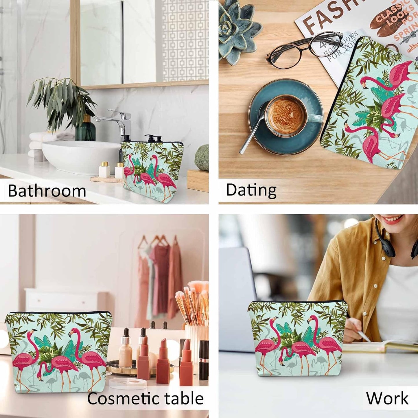 Women Makeup Organizer Bag Flamingo Exotic Flamingo Tropical Palms Flax Cosmetic Bag Makeup Bags Toiletry Bag Accessories Organizer Travel Bags For Home Bathroom Office Hotel Gym Pink Green