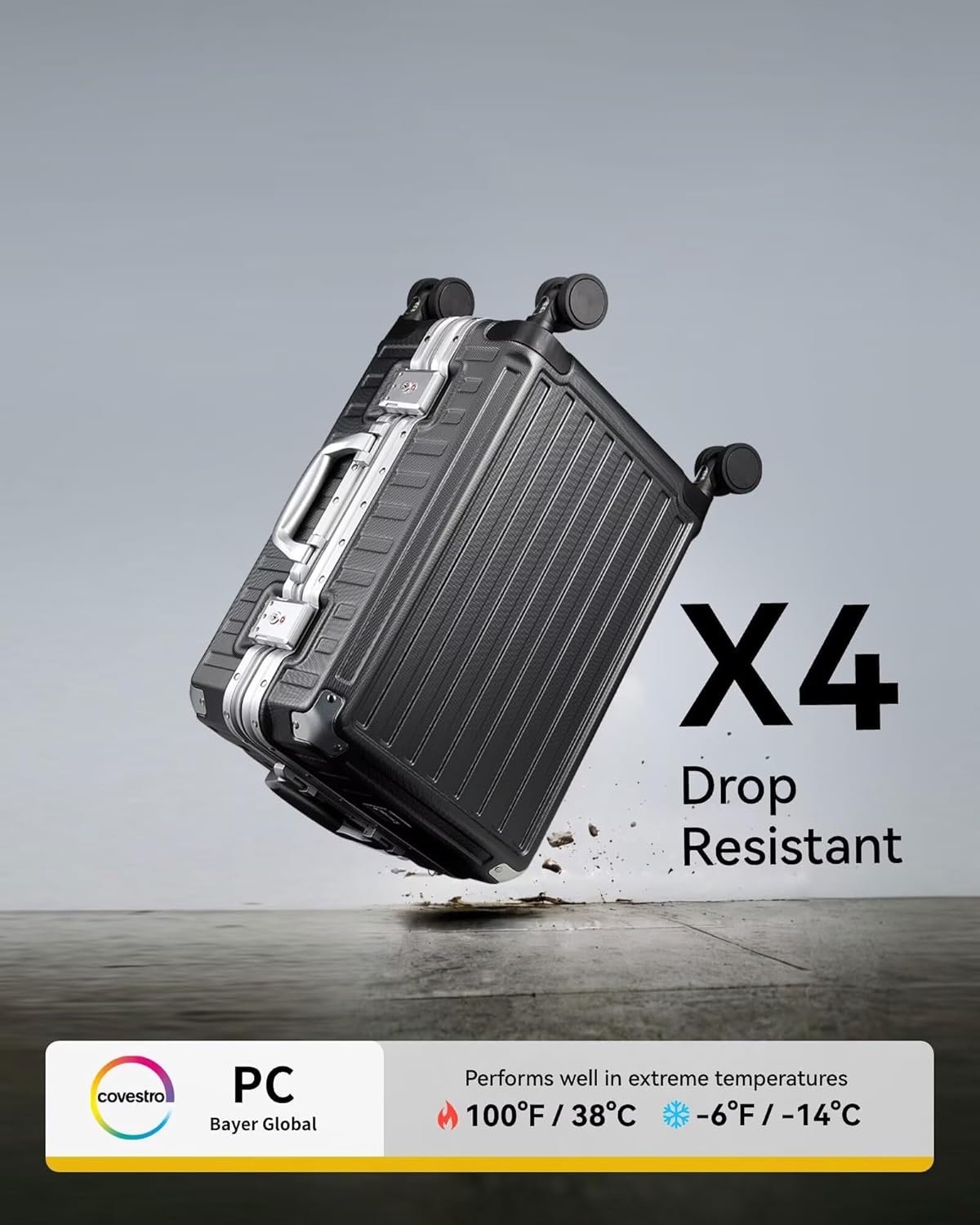Carry On Luggage with Spinner Wheels, 8010S Aluminum Frame Zipperless Polycarbonate Hard Shell Suitcase (ZX-Core, Charcoal Metallic, 20 Inch)