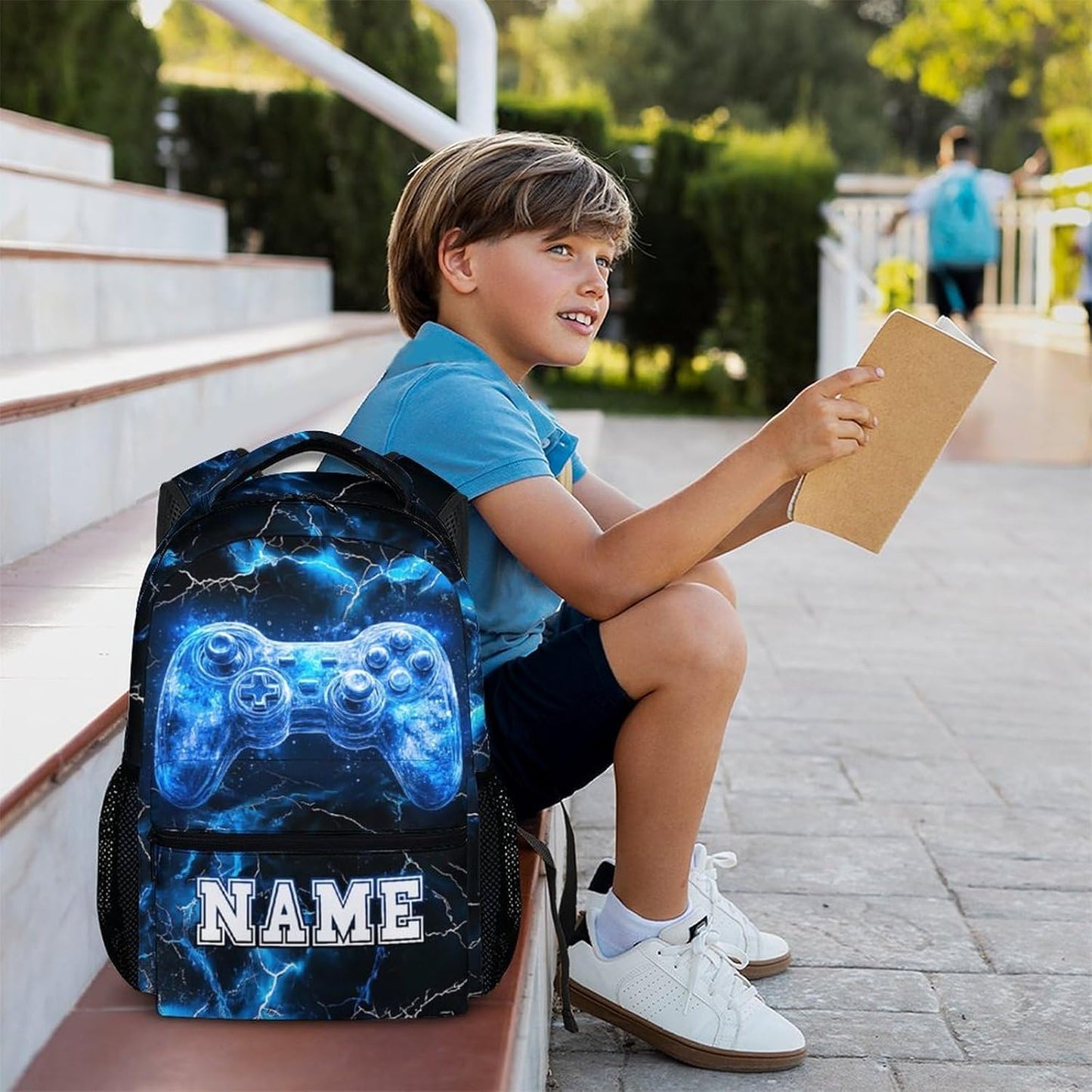 Kids Backpack, Custom Gamer Bookbag, 17 Inches Blue Boys Utility Schoolbag for Teen Boys 6-8, Cool