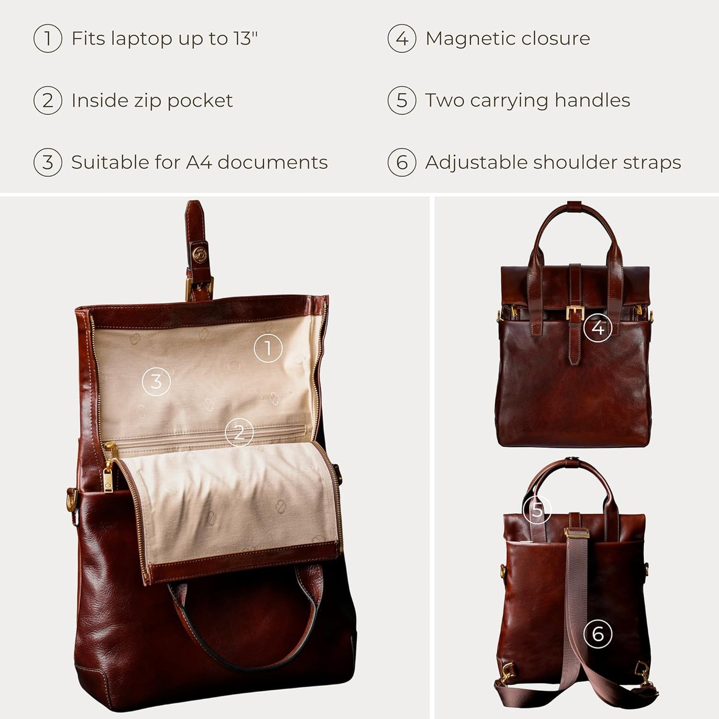 Time Resistance Leather Backpack - Business and Casual Backpack - Real Leather Backpack Made in Italy
