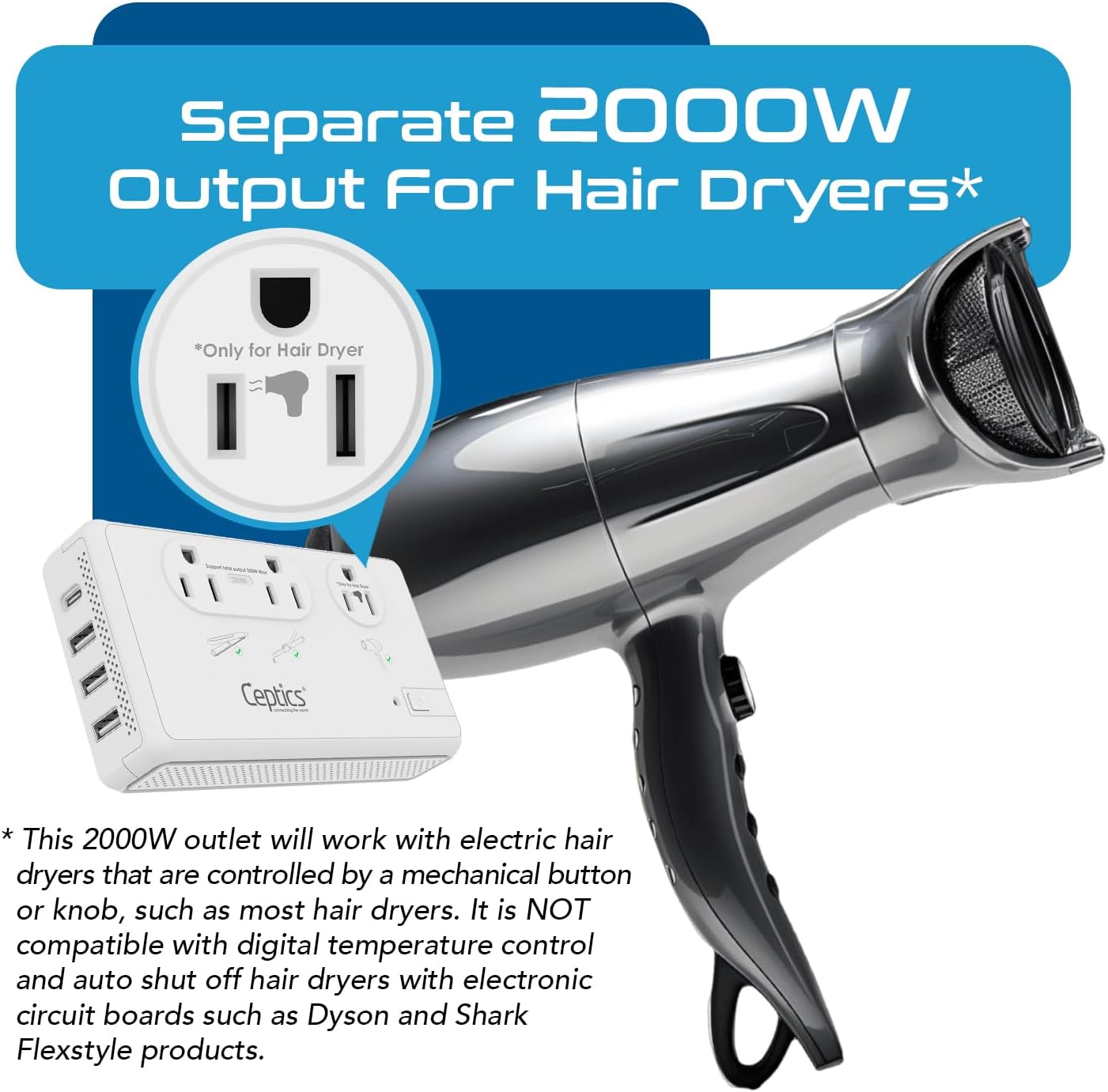 Ceptics 2000W Travel Voltage Converter for Hair Dryer & 200W Convert 220V to 110V for Curling Iron, Straightener, Chargers, Step Down World Power 4 USB Charging QC 3.0 SWadApt Type A, B, C, E/F, G, I