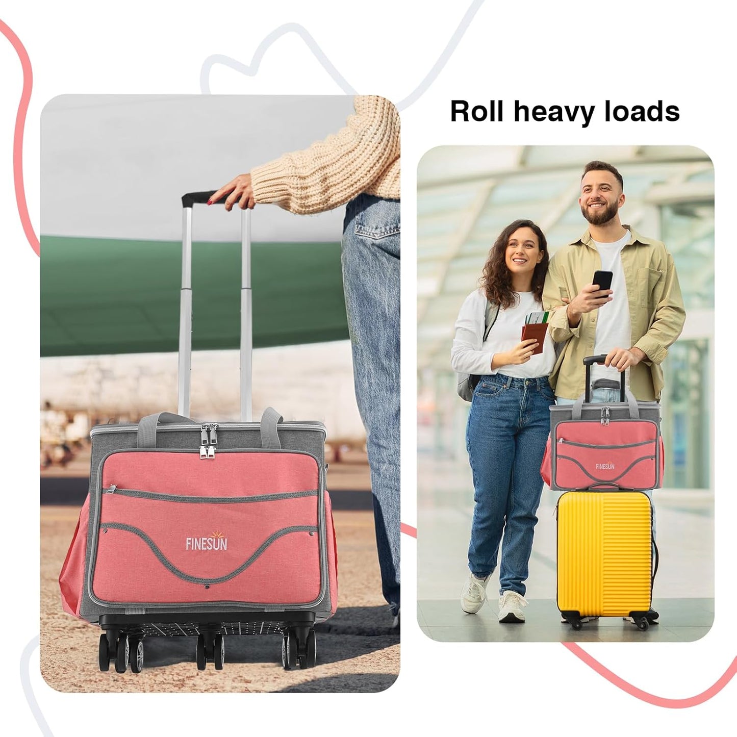 Rolling Tote Bag for Women Teacher Bag Rolling Cart Briefcase with Wheels Carry on Wheeled Bag for Work,Office,Craft Pink