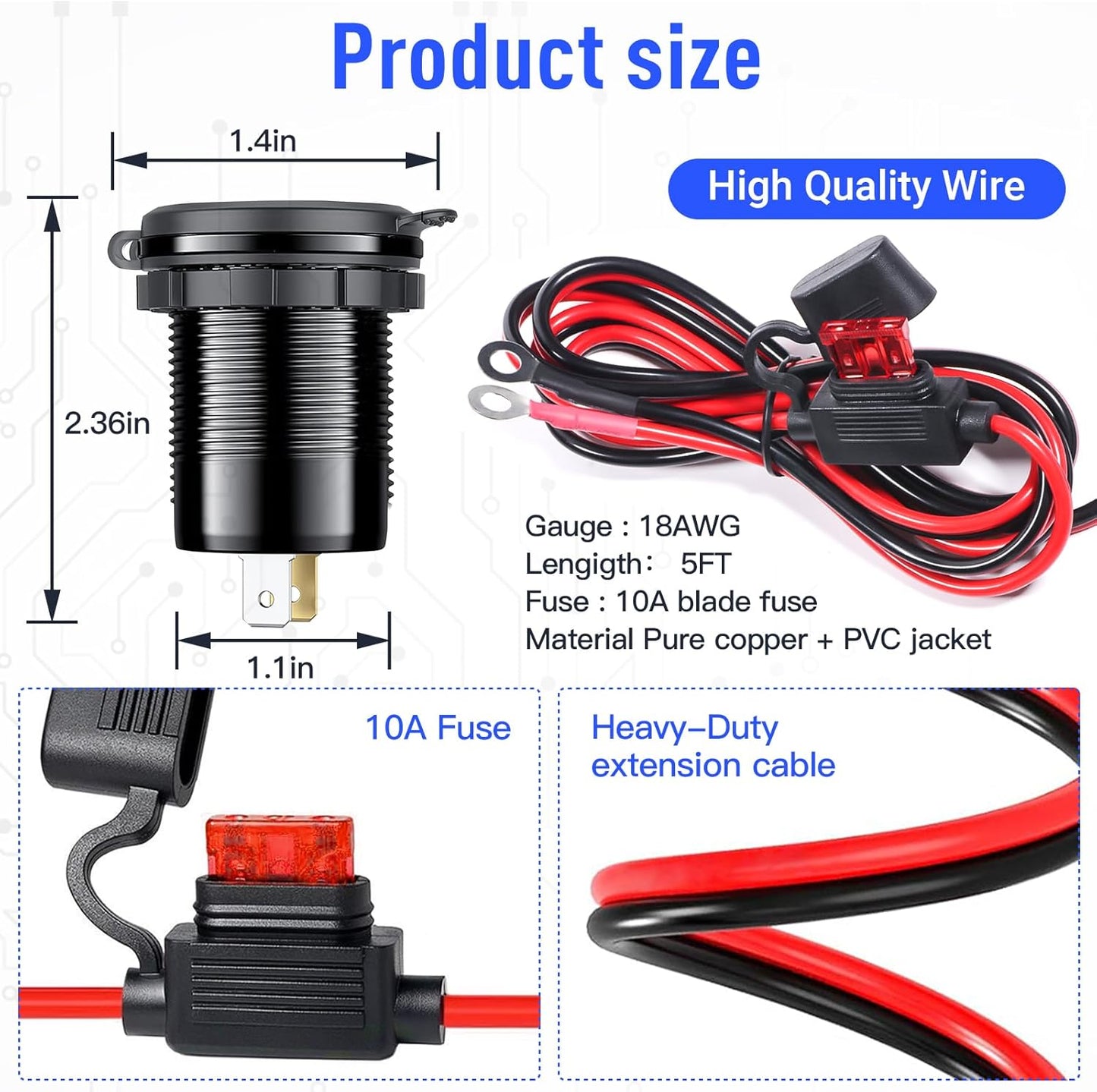 4 Ports 12V USB Output Aluminum 78W Dual PD and QC Multi Port USB C Car Charger with Voltmeter, Cigarette Lighter Replacement 12V USB Plug for Marine Boat, Motorcycle,