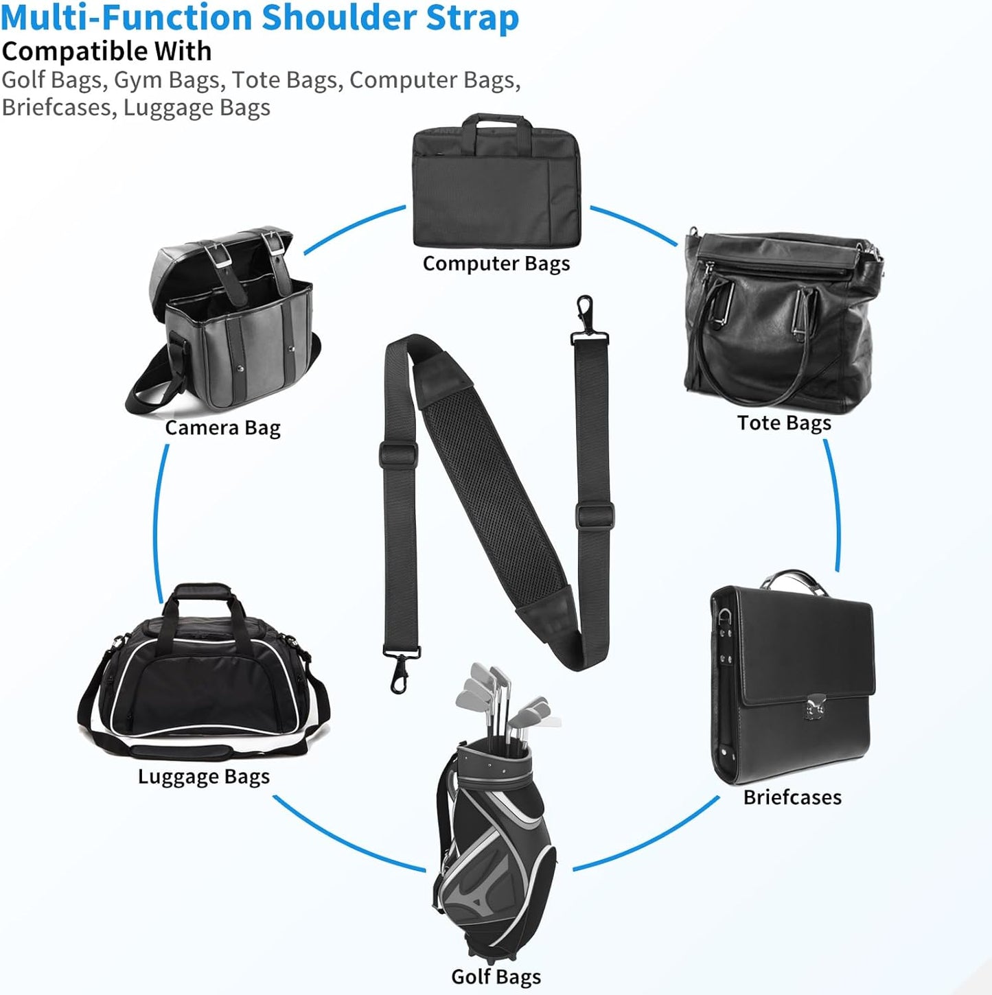 67" Universal Shoulder Strap, Mesh Thick Padded Bag Strap with Double Adjustable Buckles and Metal Hooks, Ideal for Briefcases, Computer Satchels, Crossbody Bags, Luggage(Breathable)