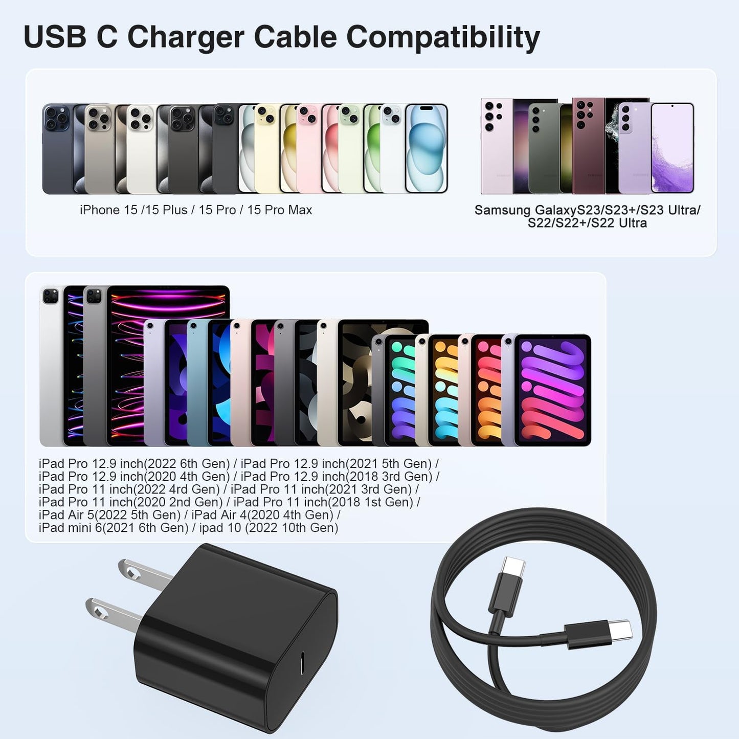 iPhone 16 15 Fast Charger 10ft, USB C Charging Block and Long Type C to C Cable Cord, Wall Plug Power Adapter Cube Brick for Apple 16 Pro Max/16 Pro/15 Plus/15 Pro Max/iPad 12.9/11 inch/Air/Mini-Black