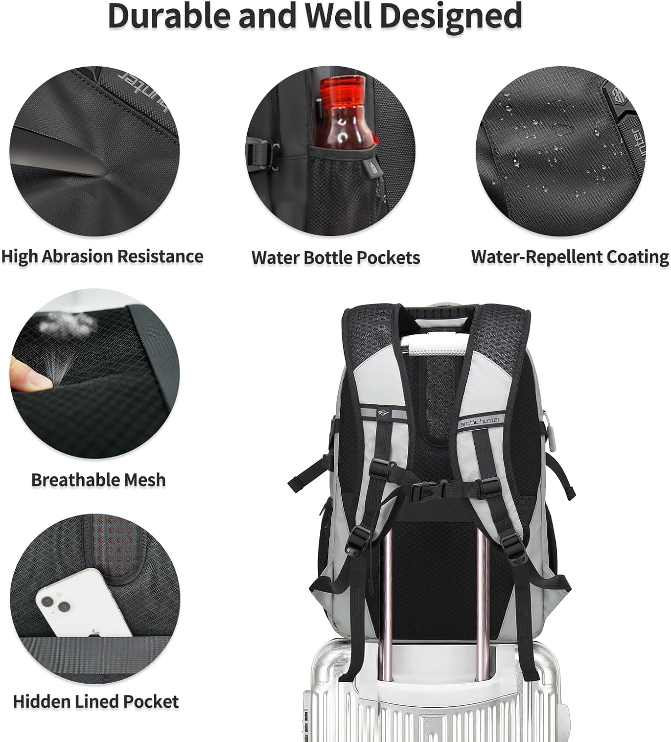 Travel Carry On 15.6" Laptop Backpack for Men, Large 30L Anti-Theft & Waterproof Backpacks Flight Approved for Business, Commuting, Work, Weekend Casual Daypack, Grey, Silver