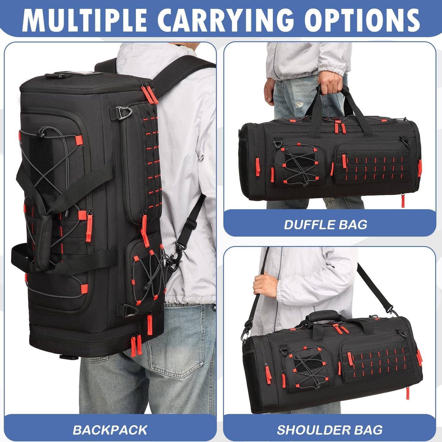 Gym Bag for Men and Women, 50L Extra Large Duffle Bag, 3-in-1 Travel Sports Duffel Bags with Shoe & Laptop Compartment for Overnight Weekender Gym Traveling Workout Deployment, Black+Red