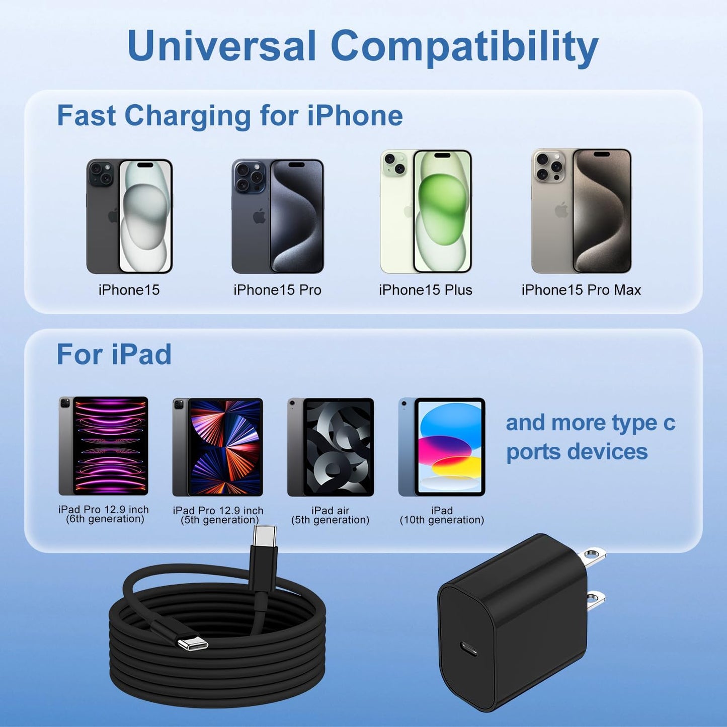 iPhone 16 15 Fast Charger and 10ft Type C to C Cable Cord Long,20W USB C Charging Block for Apple iPhone 16 Pro/16 Plus/15 Pro Max/15/iPad Wall Plug Power Adapter Cube Brick 12.9/11/Air 4th/6 Gen/Mini