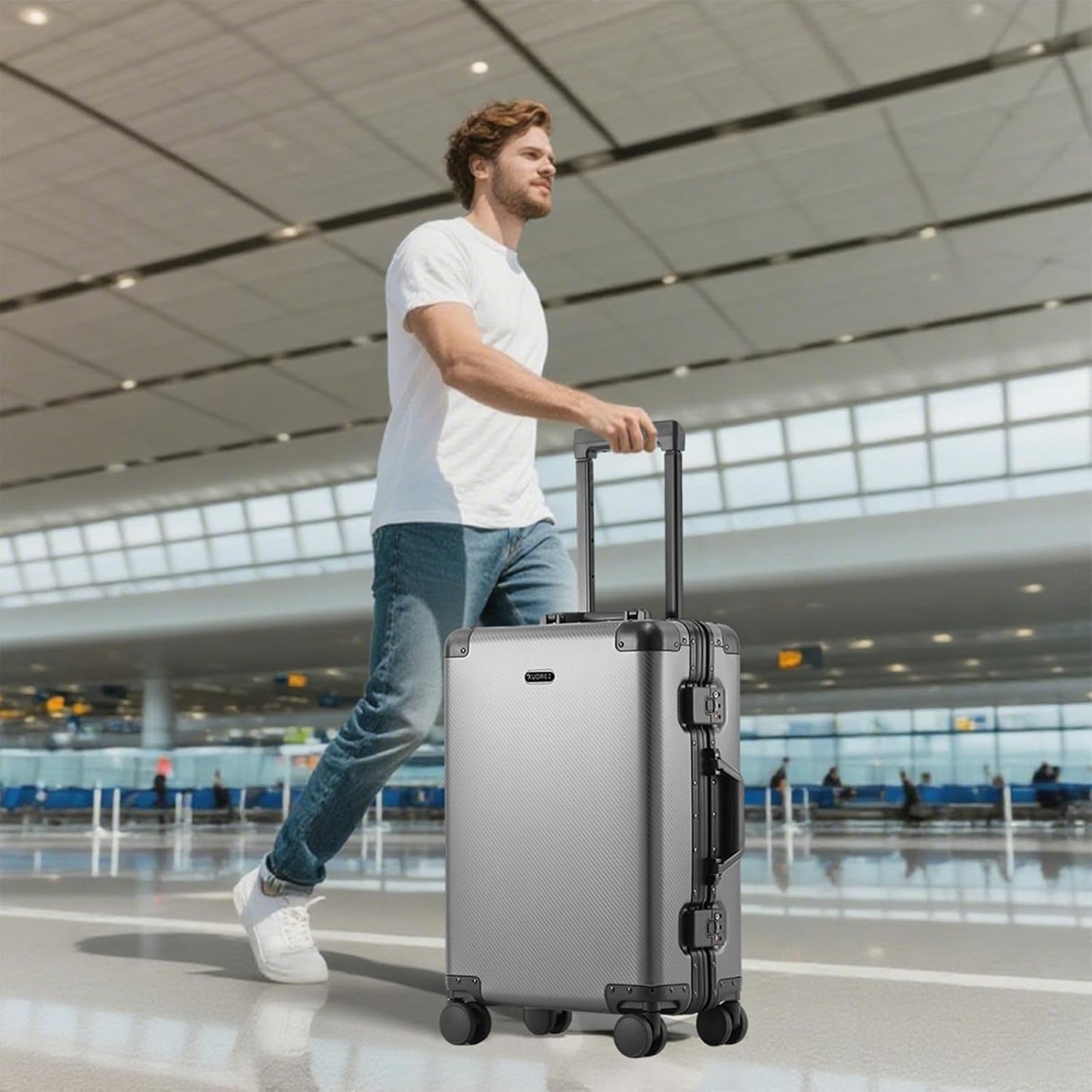 Tmore Aluminum Frame Luggage with No Need to Check in, Hardside Suitcase with Spinner Wheels, Metal Travel Luggage with Double Tsa Locks, 20 Inch, Gray Small
