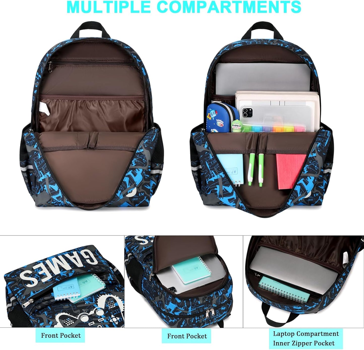 Octsky Kids School Backpack for Boys and Girls, Luminous Backpack with Lunch Box, Gamepad Bookbag