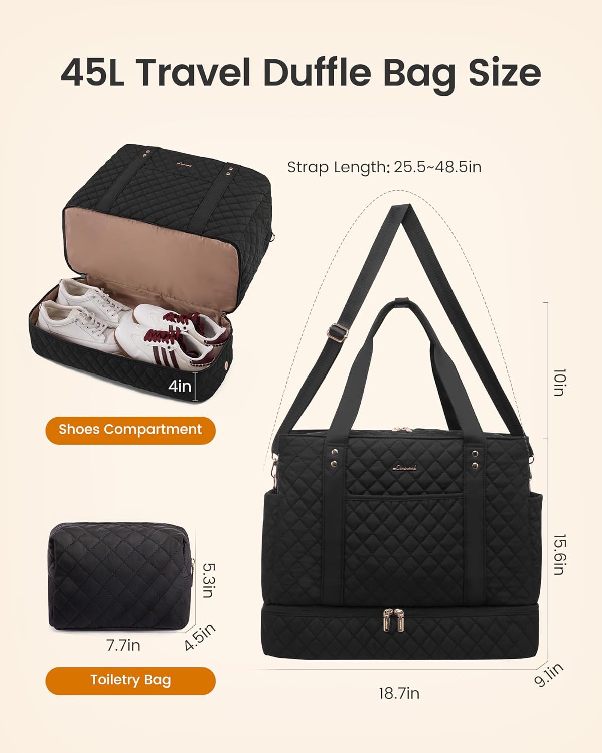 LOVEVOOK Large Travel Duffle Bag for Women, 45L Weekender Bags with Shoe Compartment & Wet Pocket, Quilted Carry On Personal Item Bag, Overnight Hospital Bags for Labor Delivery Black