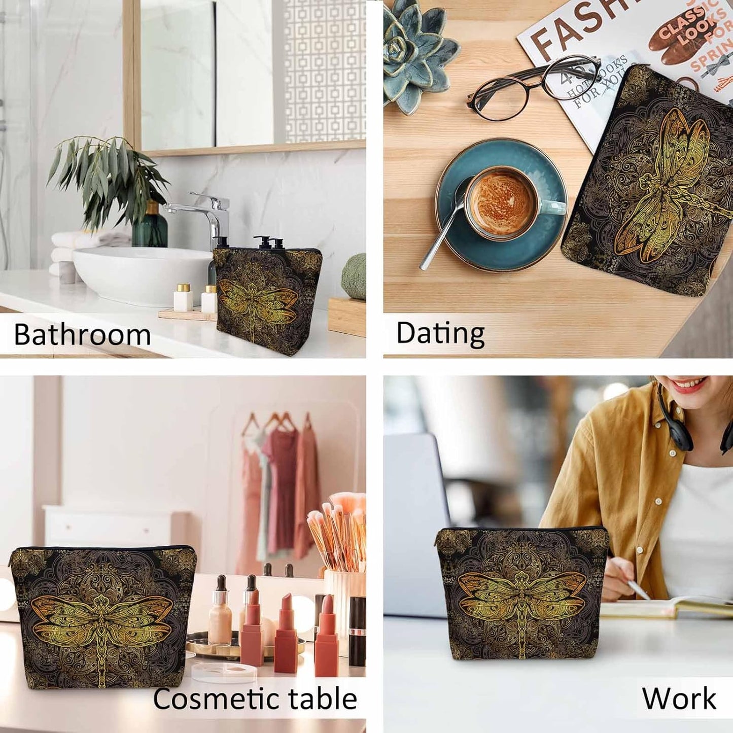 Dragonfly Makeup Bag For Women, Adorable Cosmetic Bag Makeup Bags, Ethnic Mandala Dragonflies Golden Zipper Bag Travel Bags Toiletry Organizers Pouch Bags Washing Bags For Gym Bathroom