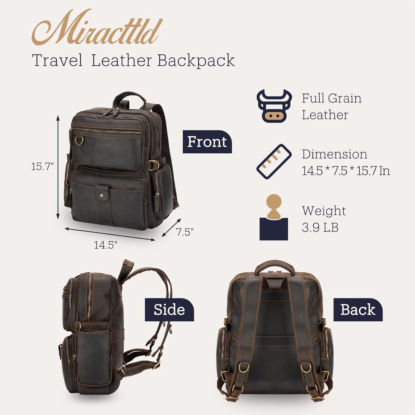 Leather Backpack for Men 15.6" Laptop Backpack 100% Madagascar top-Grain Leather Backpack Dark
