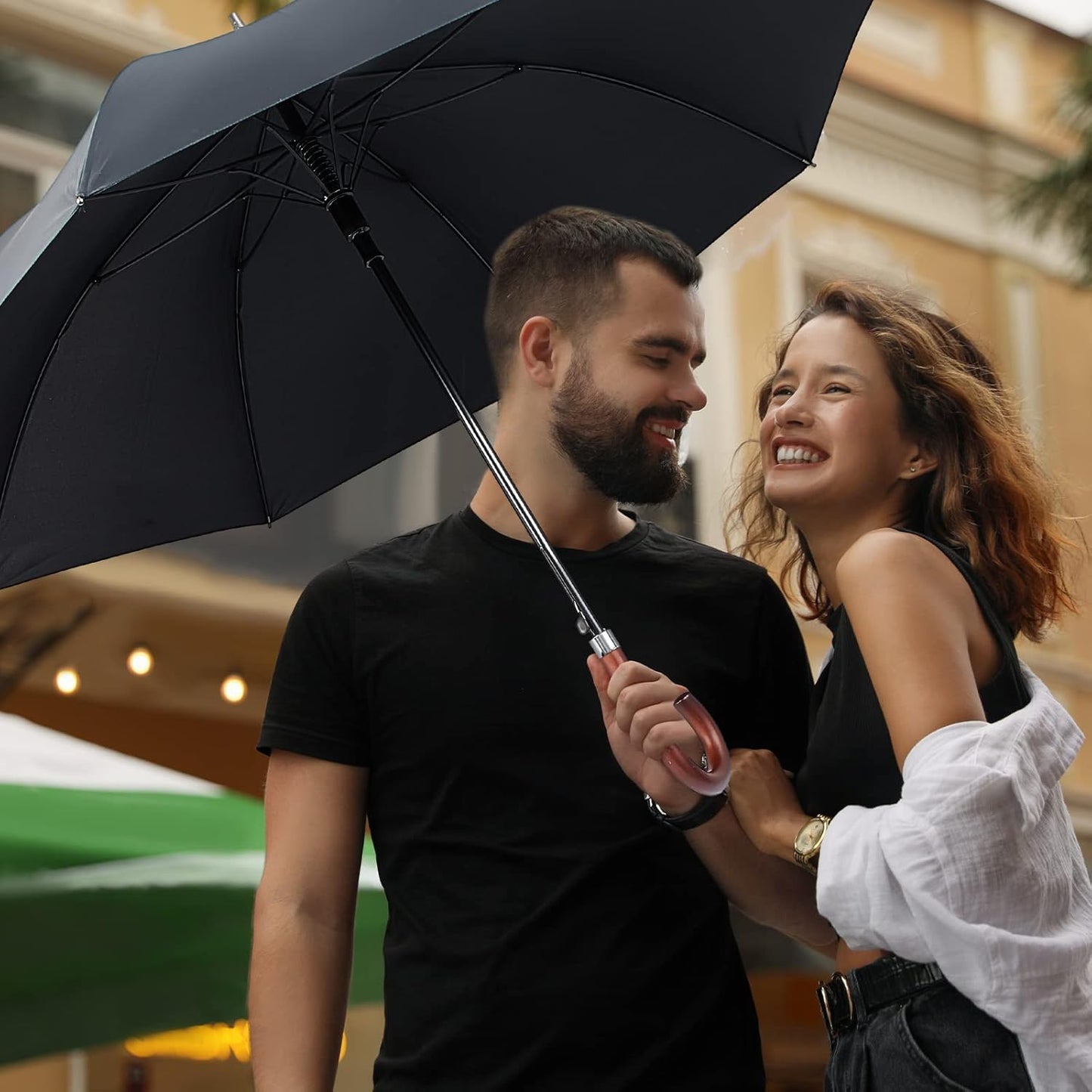 Silkfly 48 Inch Auto Open Umbrella Wooden J Stick Vintage Handle Windproof Unbreakable Wedding Fast Drying Rain Umbrella