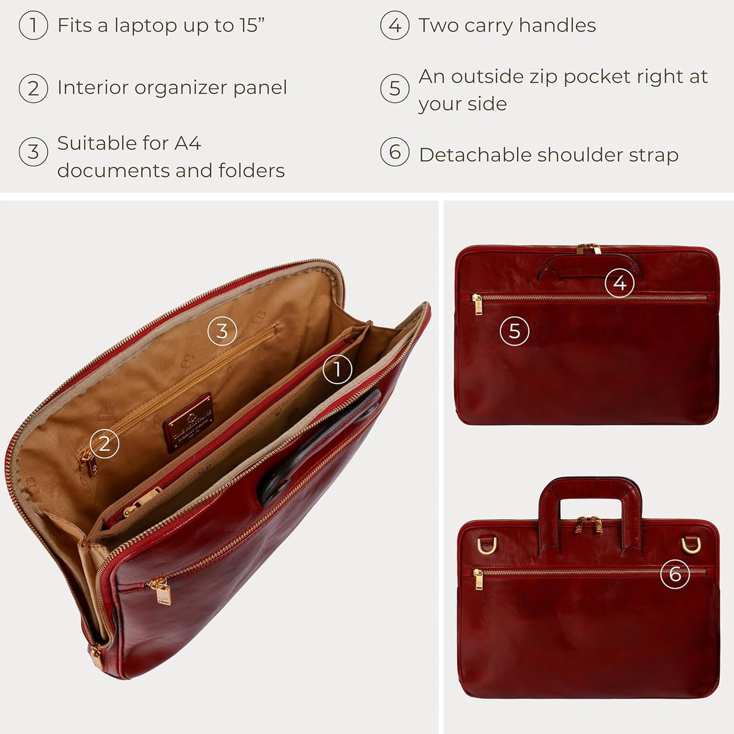 Time Resistance Slim Leather Briefcase - Italian Handmade Leather Computer Bag - Briefcase for Men and Women - Laptop Bag