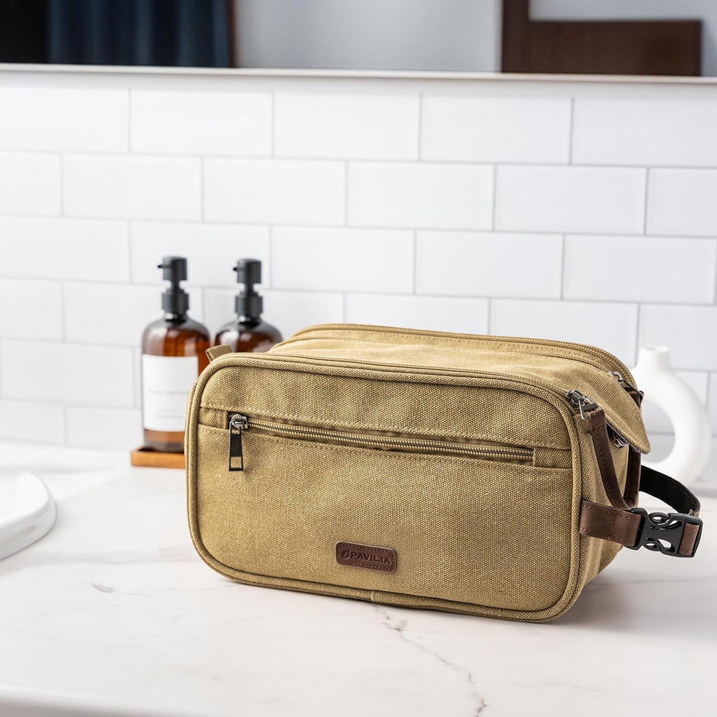PAVILIA Toiletry Bag for Men, Canvas Travel Dopp Kit, Water Resistant Hygiene Bag Toiletries Organizer, Shaving Kit Travel Accessories Bag, Tan Khaki, Extra Large