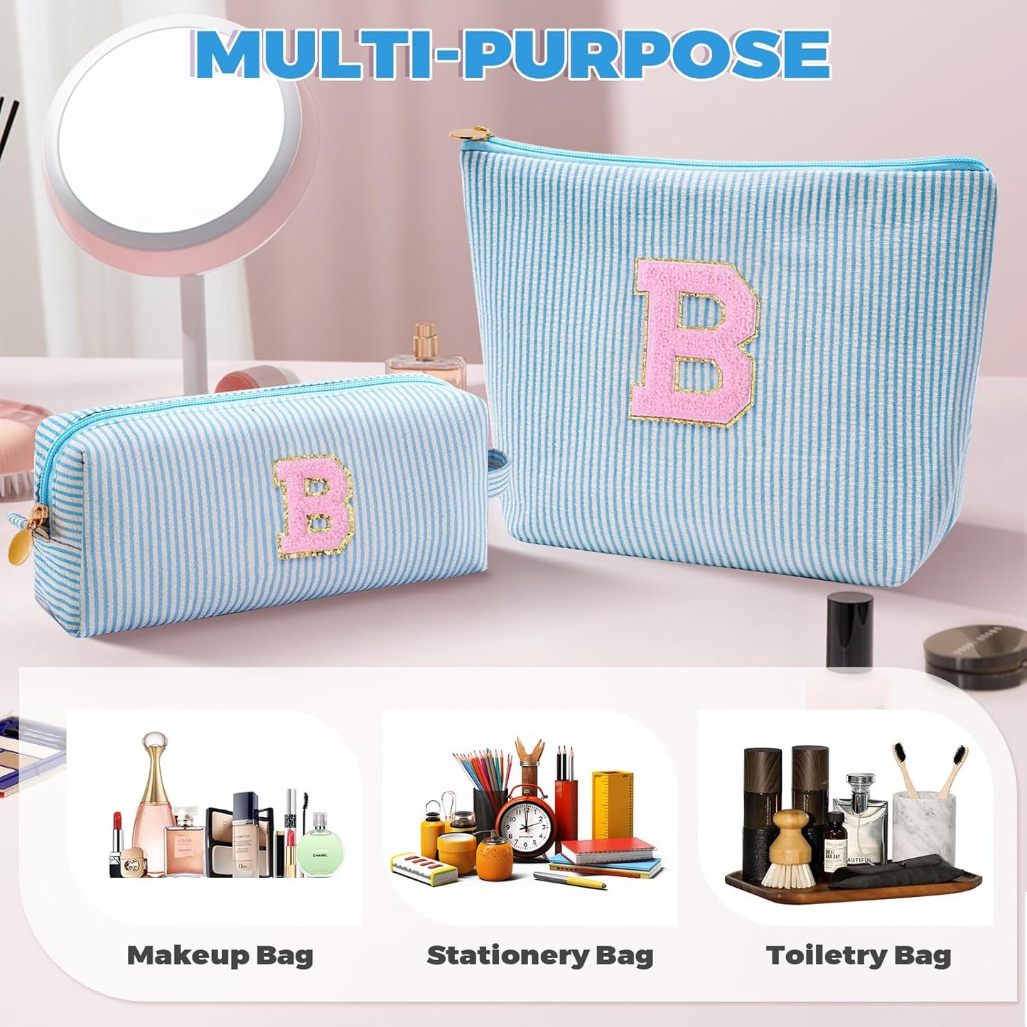 Bridesmaid Gifts Wedding Day - Bridal Shower Gifts,Maid of Honor Gifts,Initials Makeup Bag Set Cosmetic Bag - Blue,B
