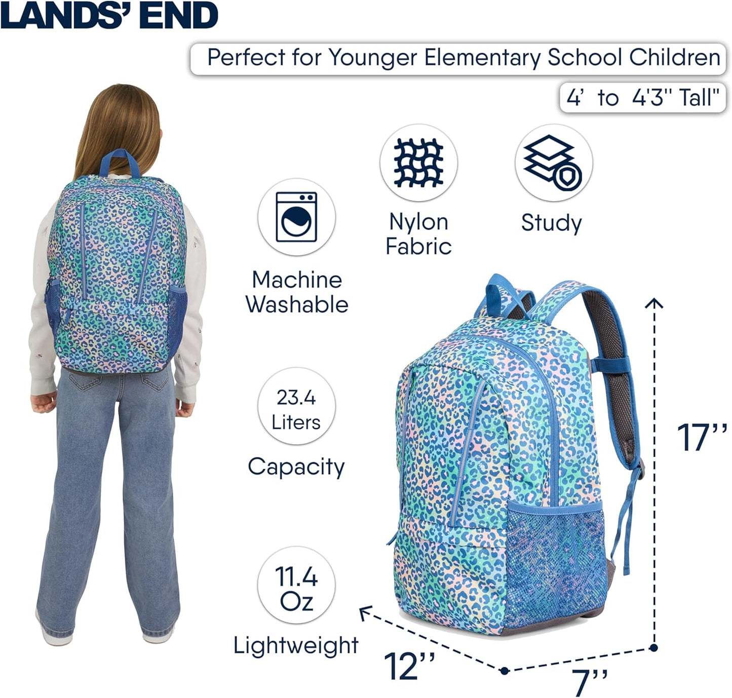 Lands' End Unisex Kids Medium ClassMate Lightweight Durable Elementary School Backpack, Sky Blue