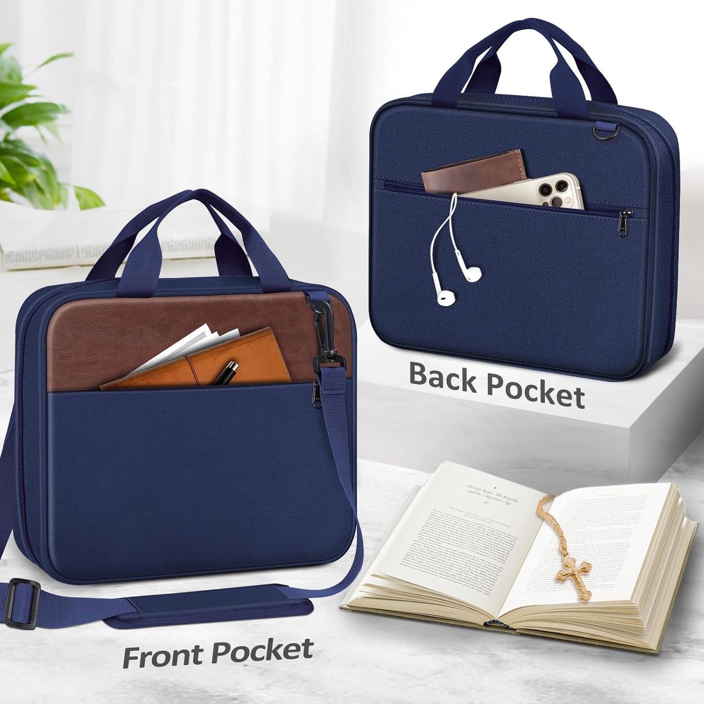 FINPAC Large Bible Cover, Carrying Book Case Church Bag Bible Protective with Zippered Pocket and Handle, Gift for Men Women