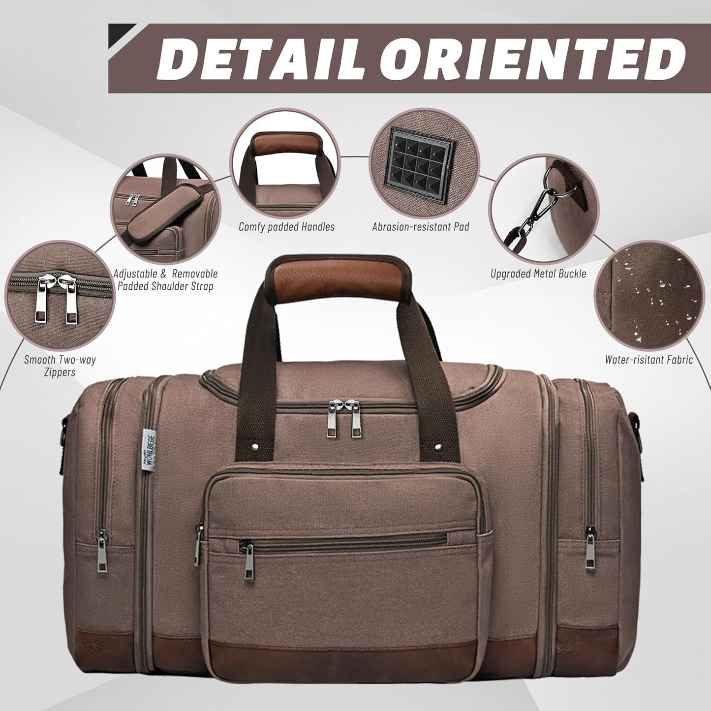 Wolhbege Duffle Bag for Travel,Mens Travel Bag & Carry On Bag for Men with Expandable Design and Luggage Sleeve –Duffel Bag for Gym, Weekender, Overnight Trips Brown