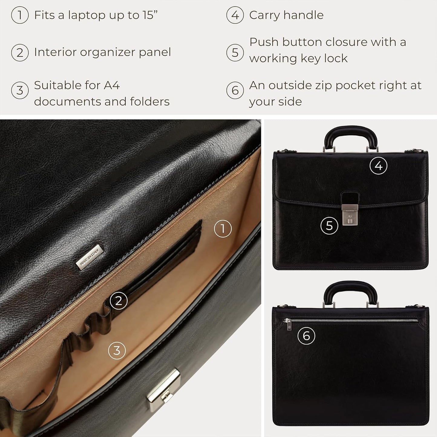 Time Resistance Leather Briefcase - Italian Handmade Leather Laptop Bag - Handbag for Men