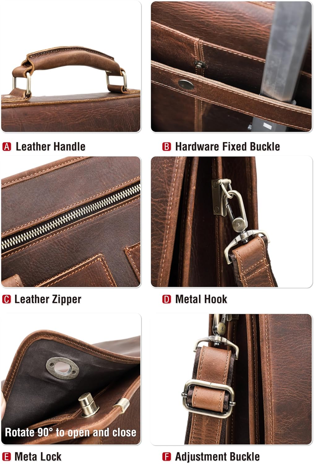 Top Grain Leather 15.4" Laptop Briefcase Crossbody Handbag, Vintage Design & Multi Pockets & Luggage Strap, Fits to 2025 MacBook Pro/Air 13.3"/14.2"/15.4"/16" & A4/A5 Paper, Coffee 15.4 Inch