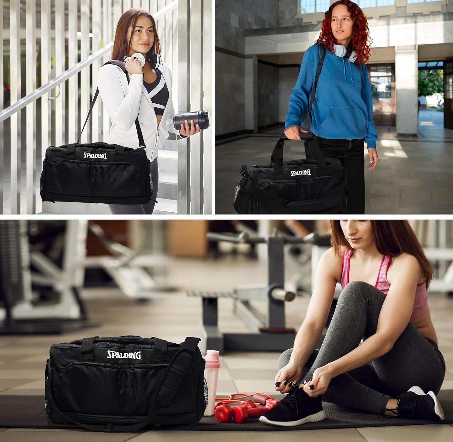 Spalding Gym Bag for Women and Men, Large Sports Duffle Bag with Shoe and Wet Pocket, 10 Zippered Compartments, Waterproof Workout Travel Bags with Adjustable Strap, Lightweight Fitness Duffel, Black