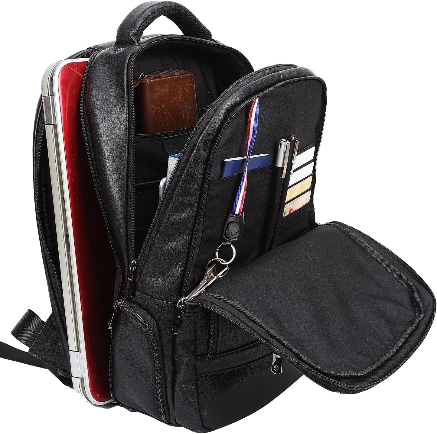 STAR VISTA 15.6" Raphael Calfskin Leather Laptop Backpack, Multi Pockets, Casual Outdoor Business Travel Rucksack, YKK Zippers, Black