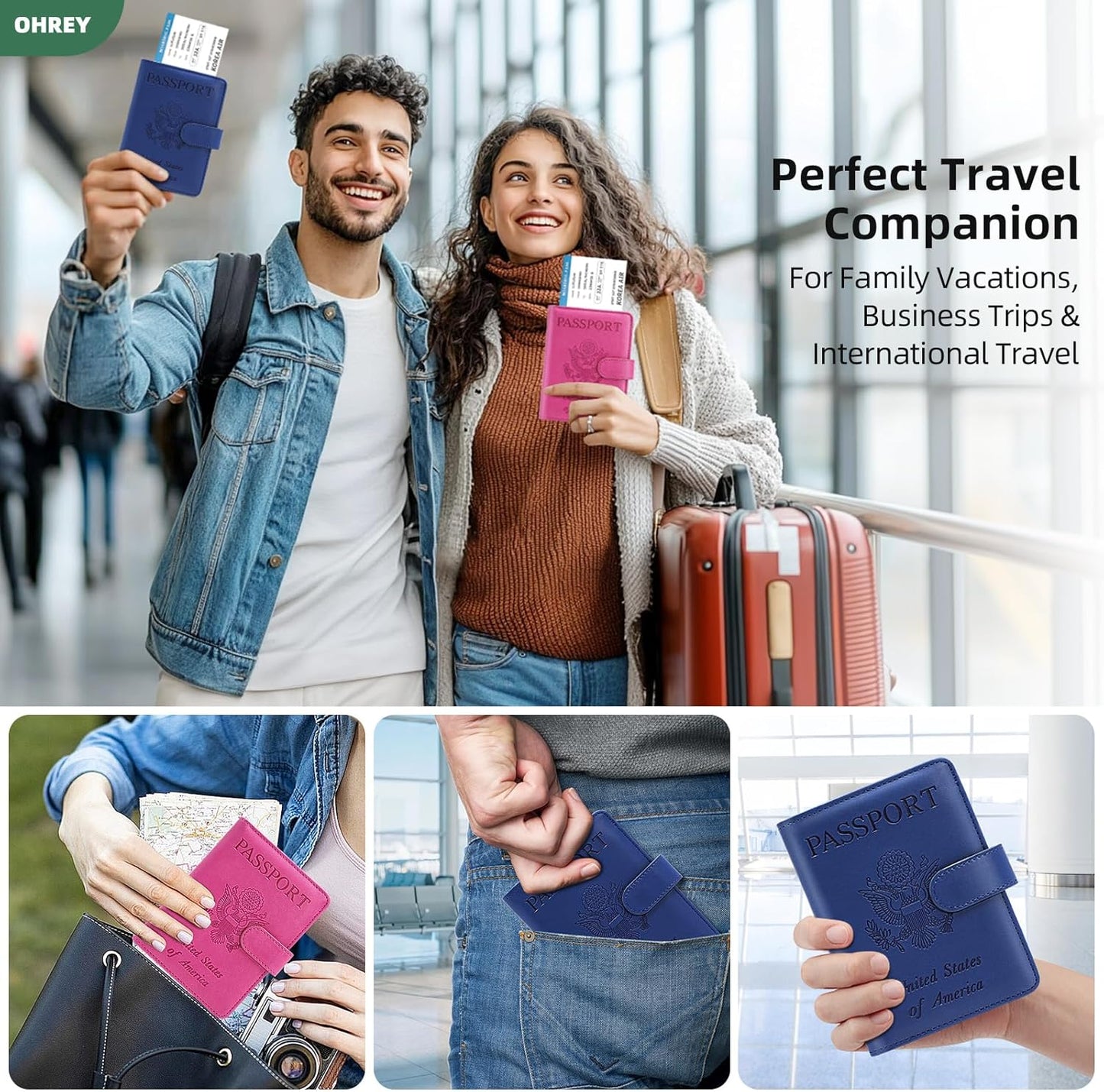 2 Pack Passport Holder for Travel with Luggage Tag Cover – RFID Blocking Passport Wallet Holder for Women & Men | PU Leather Passport Case with Money Pocket & Magnetic Clasp, Blue & Pink