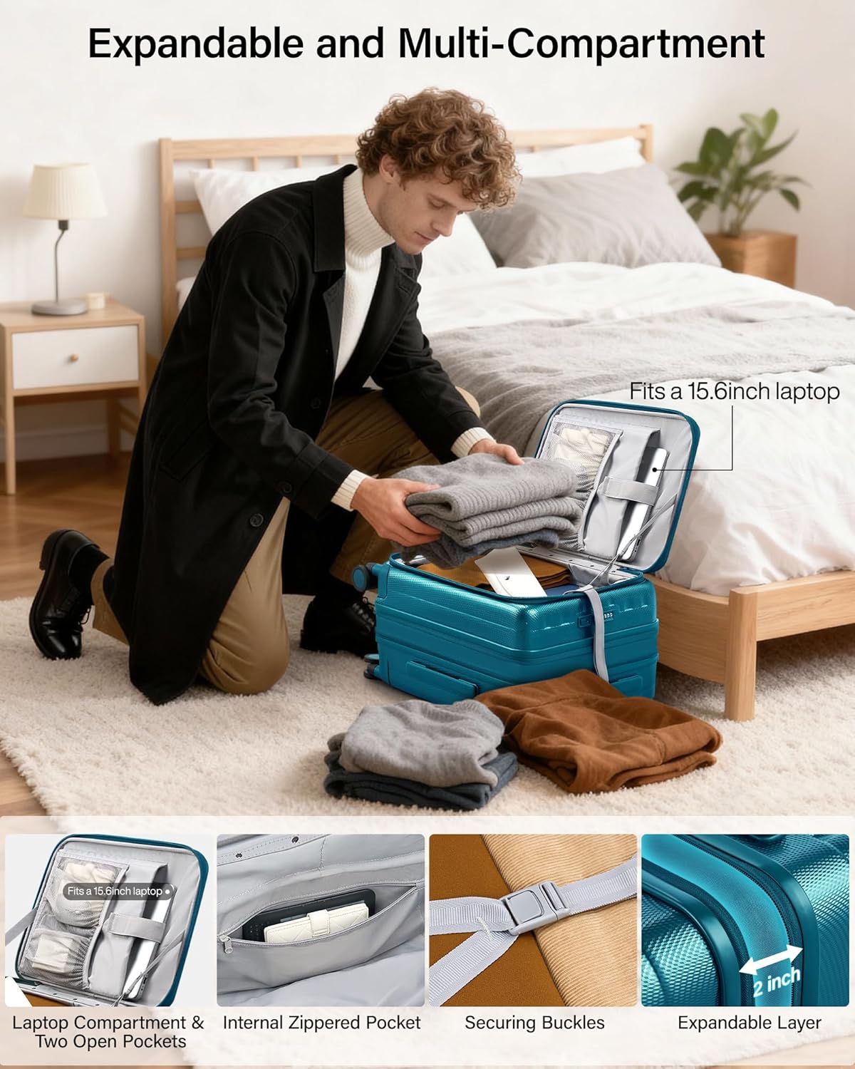 Hanke 20 Inch Expandable Carry On Luggage Airline Approved Top Opening Hard Shell Suitcases with Wheels Lightweight Travel Luggage Carry On Suitcase for Woman Men-Caribbean Blue