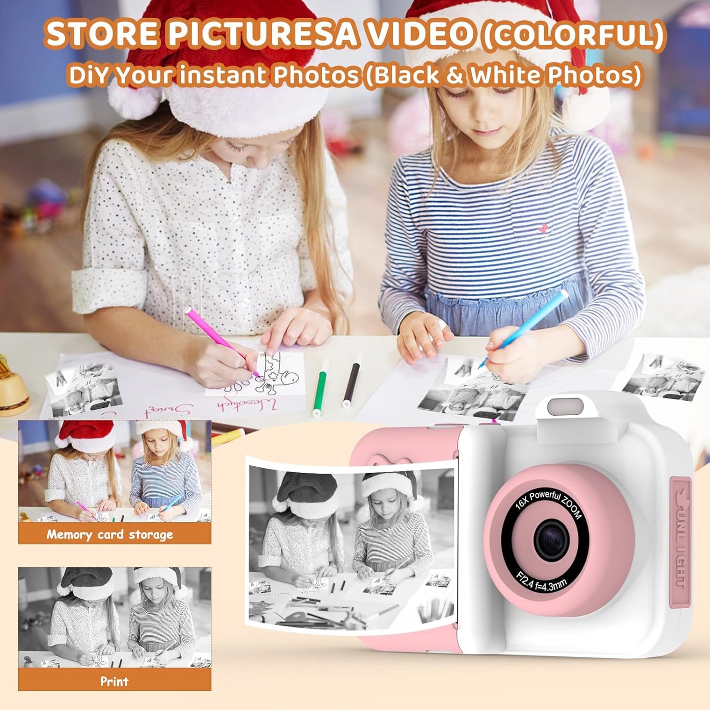 Kids Camera Instant Print, Christmas Birthday Gifts Toys for Girls Boys Age 4 5 6 7 8 9 10 11 12 Years Old,1080P HD Dual-Lens Selfie Digital Camera with 5 Rolls Print Paper Stickers Pens & 32G Card