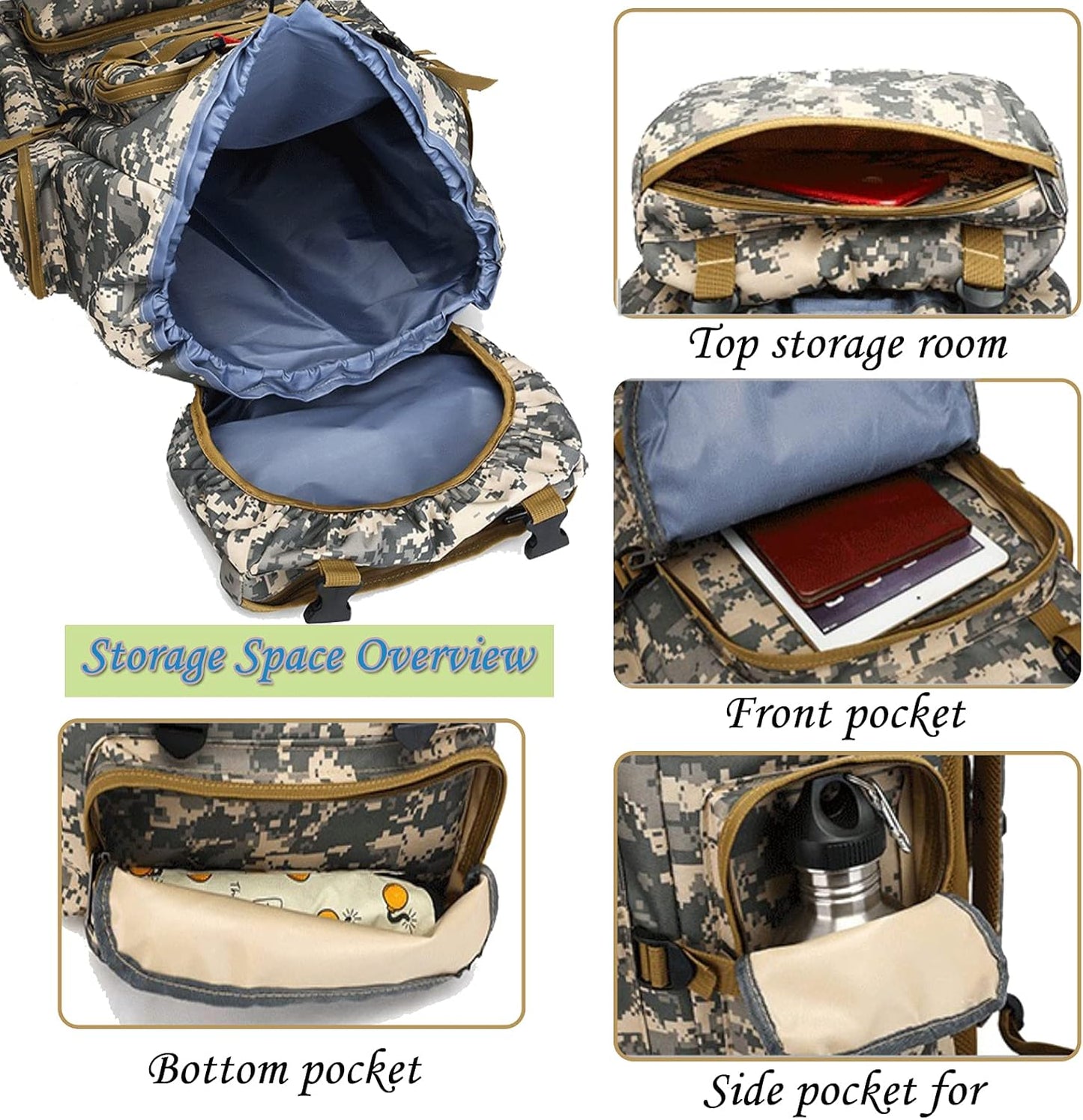 70L Hiking Backpack for Men, Waterproof Lightweight Camping Backpack, Military Rucksack with Molle, 3-Day Assault Pack for Travel, Climbing, Outdoor Sports (Green Camouflage)