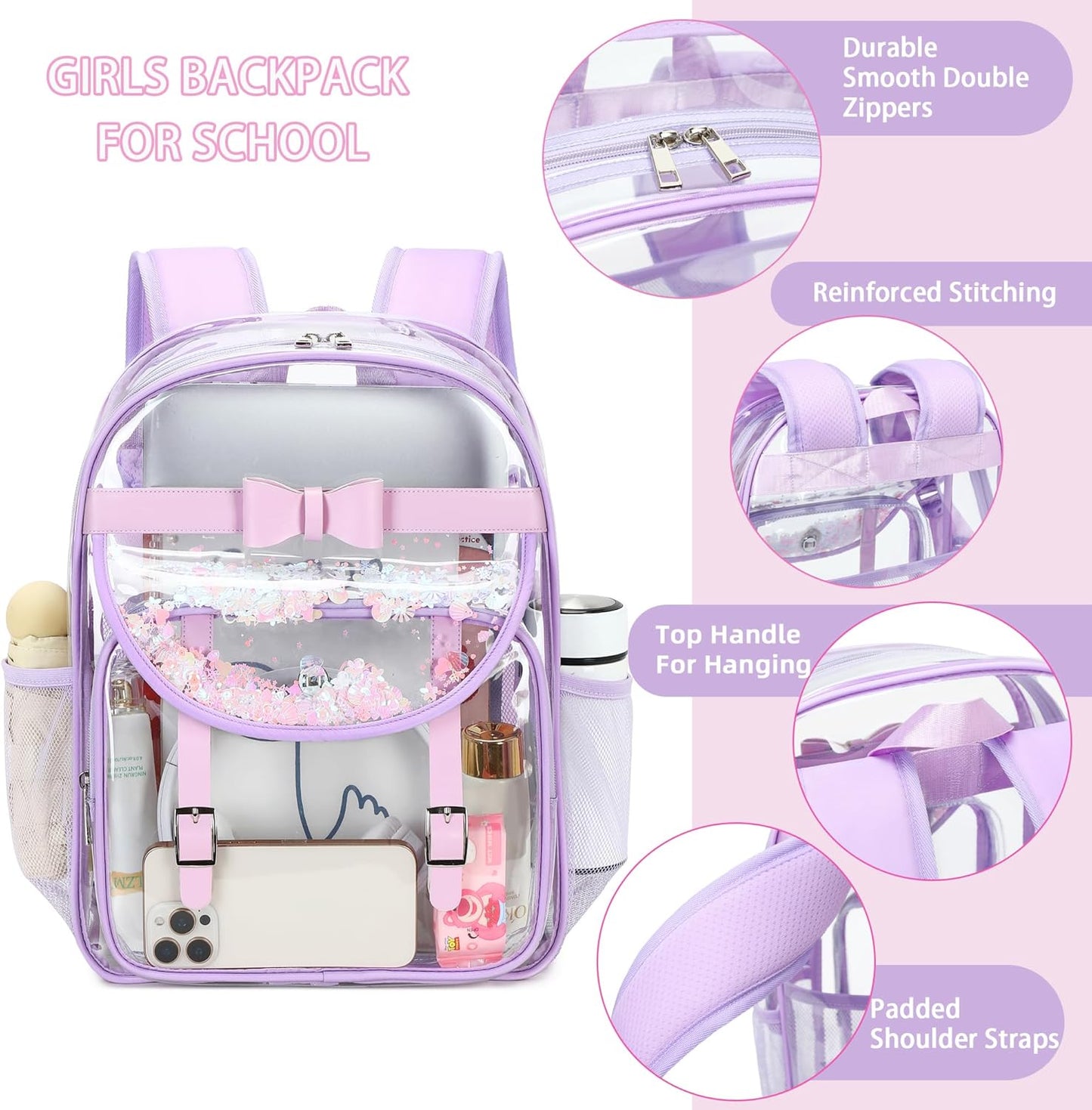 Clear Backpack for Girls and Boys 2PCS Heavy Duty Bookbag Stadium Approved Daypack Transparent School Bag See Through Backpacks for Kids Elementary,Students,College,Teens,Concert,Sports Purple set