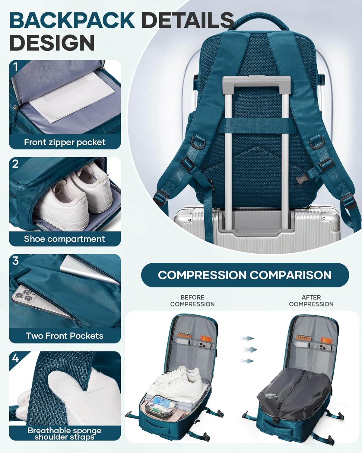 Vacuum Backpack Travel with Pump,Travel Backpack with Vacuum System, Shoe Compartment,United Airlines Personal Item Bag 17x10x9,Mochila compresion al vacio,Peacock Blue