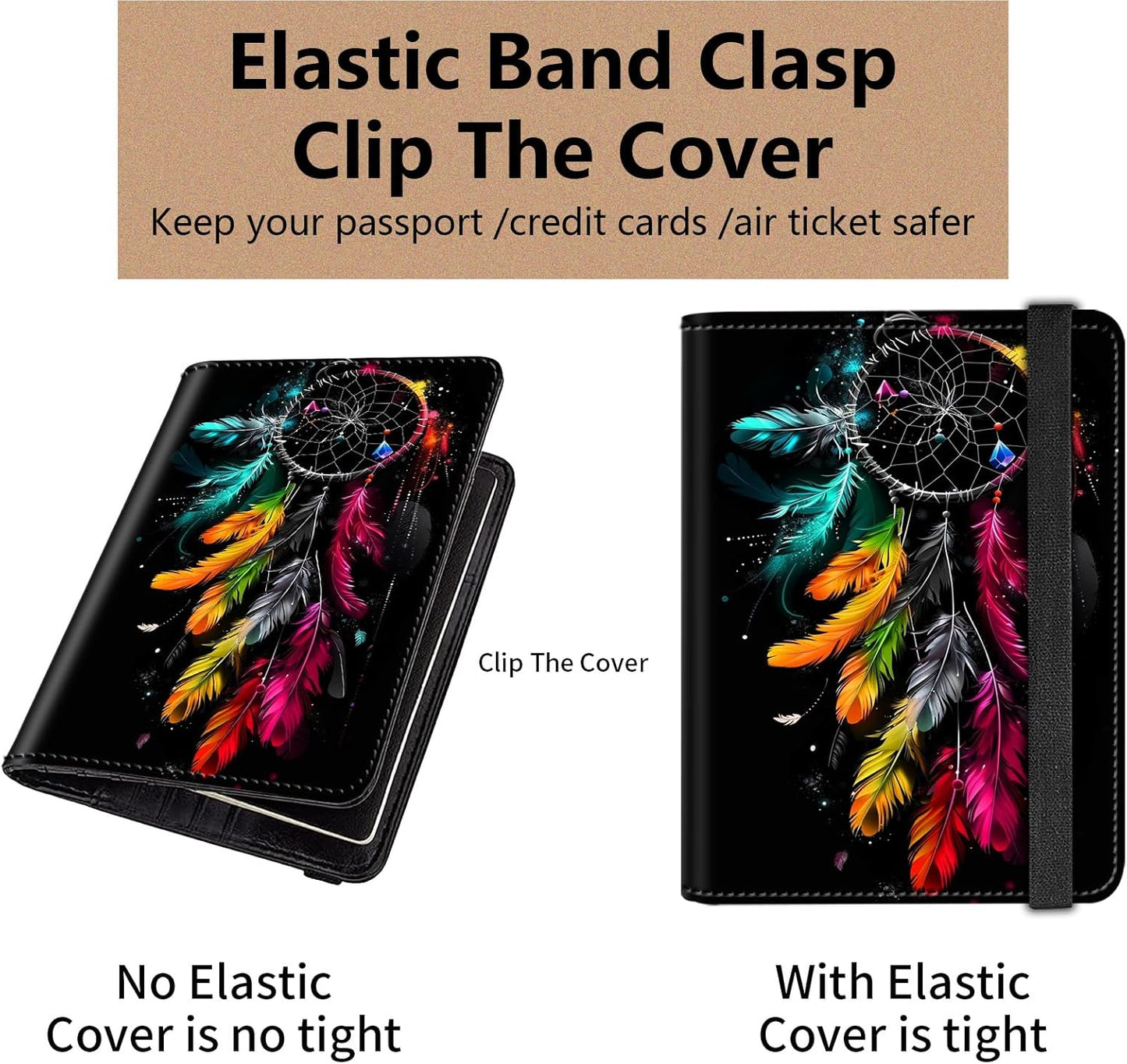 Passport and Vaccine Card Holder Cover Combo,Travel Passport Holder Wallet with RFID Blocking, Leather Vaccine Card Slot Passport Cover Case for Women & Men,Colorful Dreamcatcher Feather
