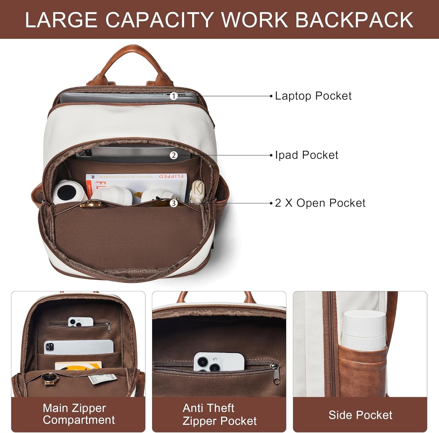 Leather Laptop Backpack for Women, Featuring a 15.6" Padded Laptop Compartment, Water Bottle Pocket and Trolley Sleeve, Ideal for Work, Travel, Everyday Use, and as a Thoughtful Gift