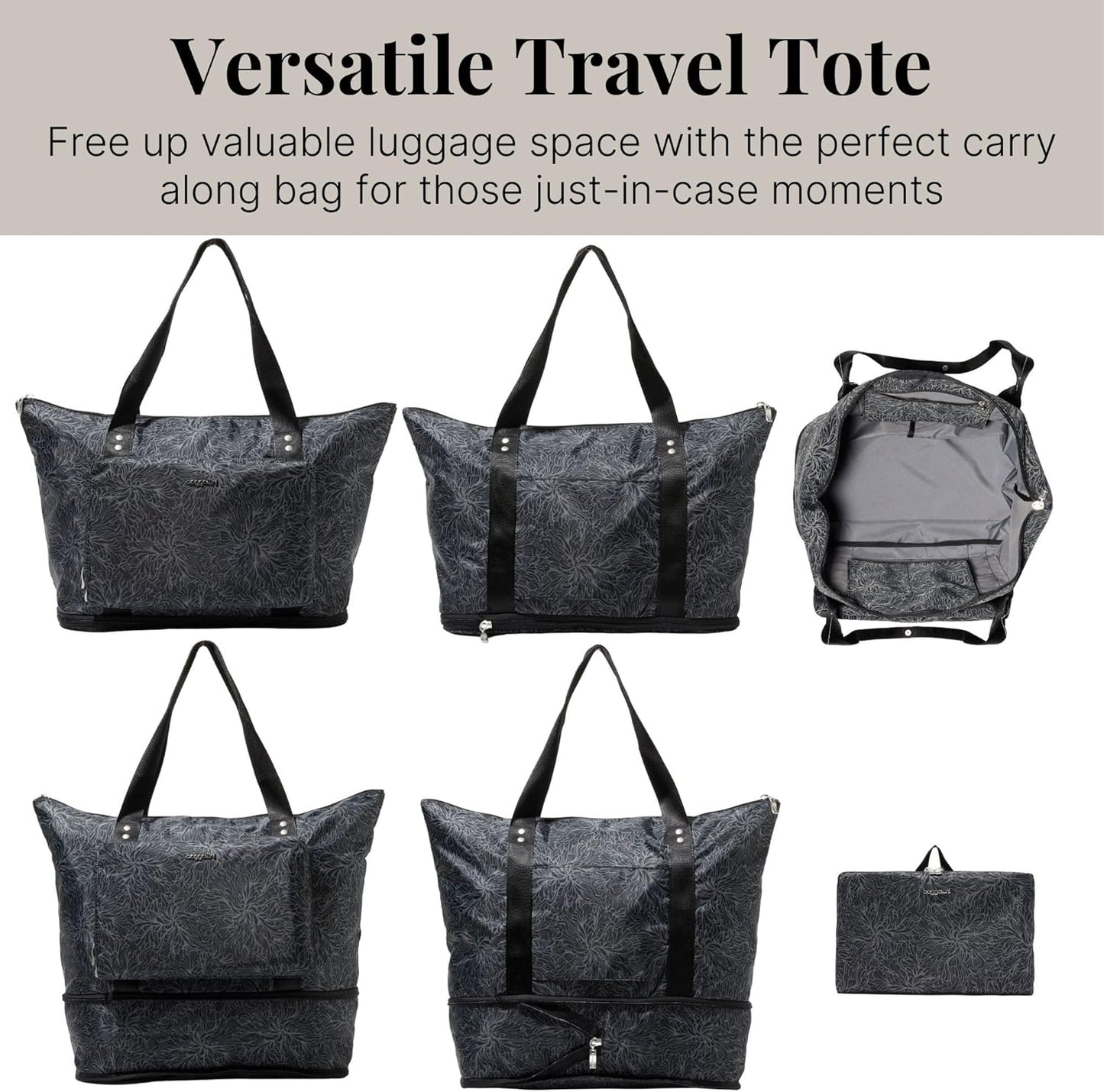 Baggallini Carryall Expandable Lightweight Travel Tote 22" Packable Folding Compact Nylon Washable Weekender w/Luggage Sleeve