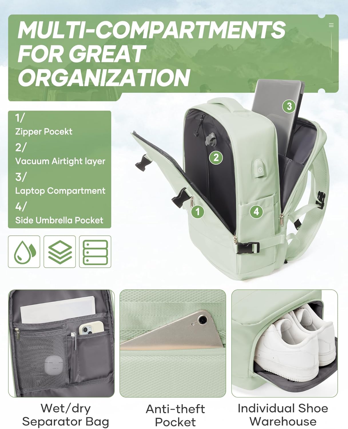 Vacuum Travel Backpack with Electric Vacpack Pump for Women, 40L Expandable Vacuum Compression Bags Personal Item Backpacks Flight Approved Traveling Carry on Suitcase Luggage, Light Green