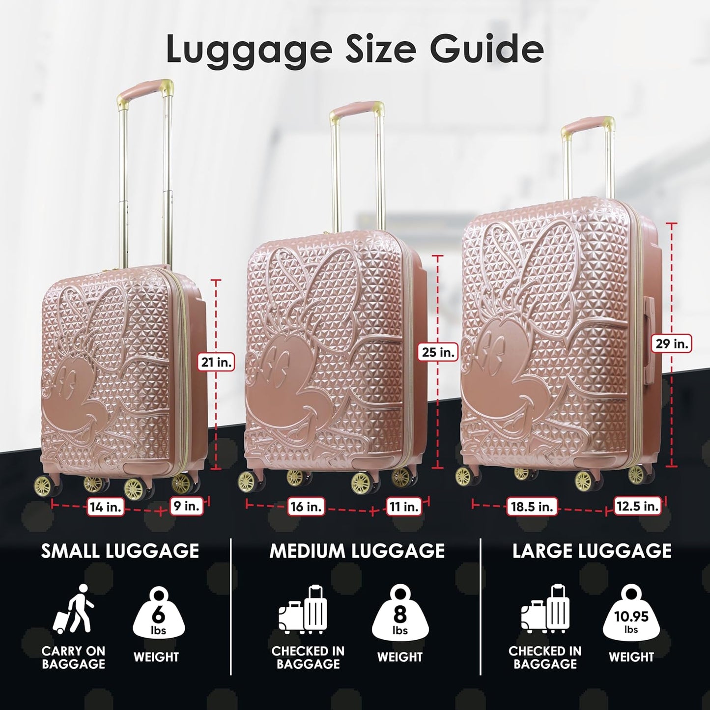 FUL Disney Rolling Luggage, Textured Hardshell Suitcase with Wheels, Minnie Mouse-Rose Gold, 25 Inch