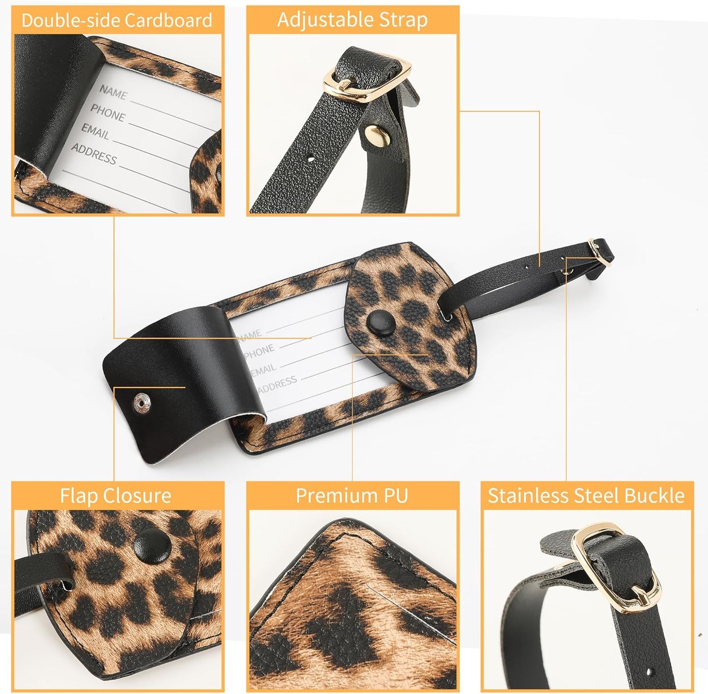 Kevancho Leather Luggage Tags for Men Women, Suitcase Labels Baggage Bag Tag ID Tags with Full Back Privacy Cover for Cruise Ships, Travel Accessories Tags Set (Leopard)