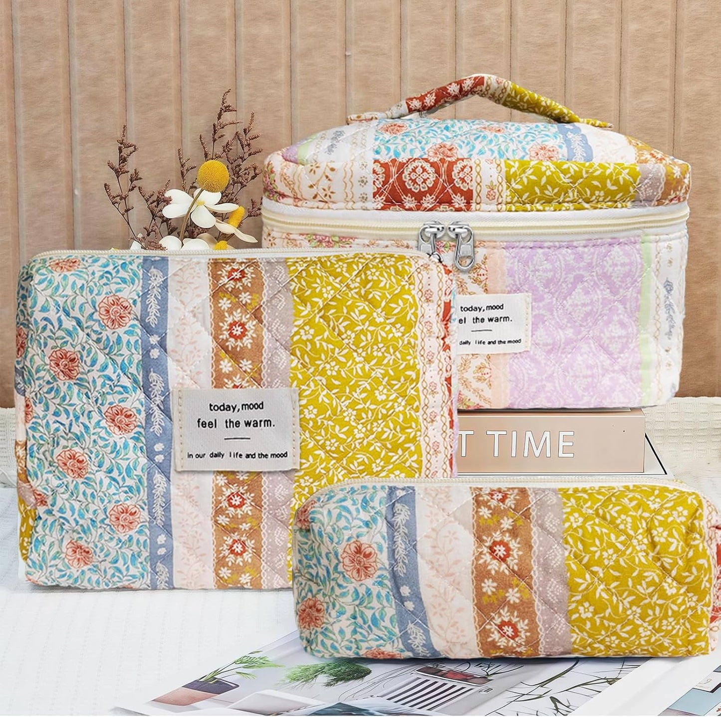 Quilted Makeup Bag, Large Capacity Travel Cosmetic Bag for Women and Girls, Aesthetic Storage for Daily and Travel Use (3pcs-EthnicStyle)